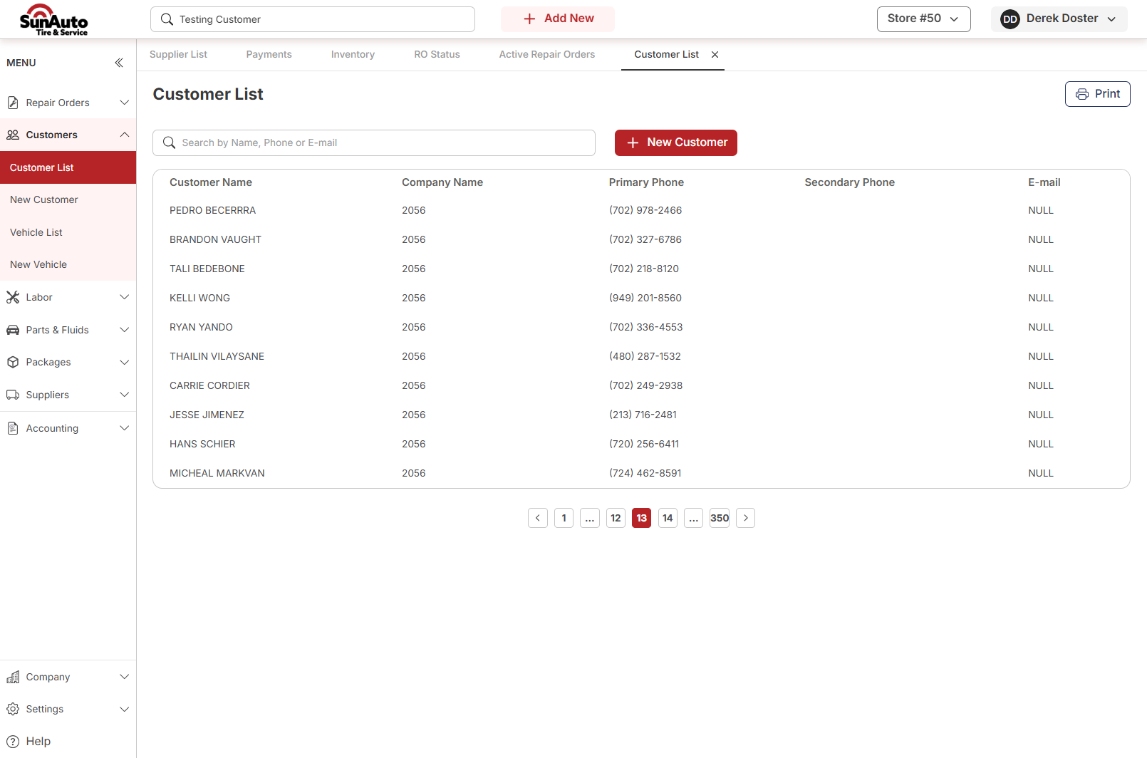 The Customer List page