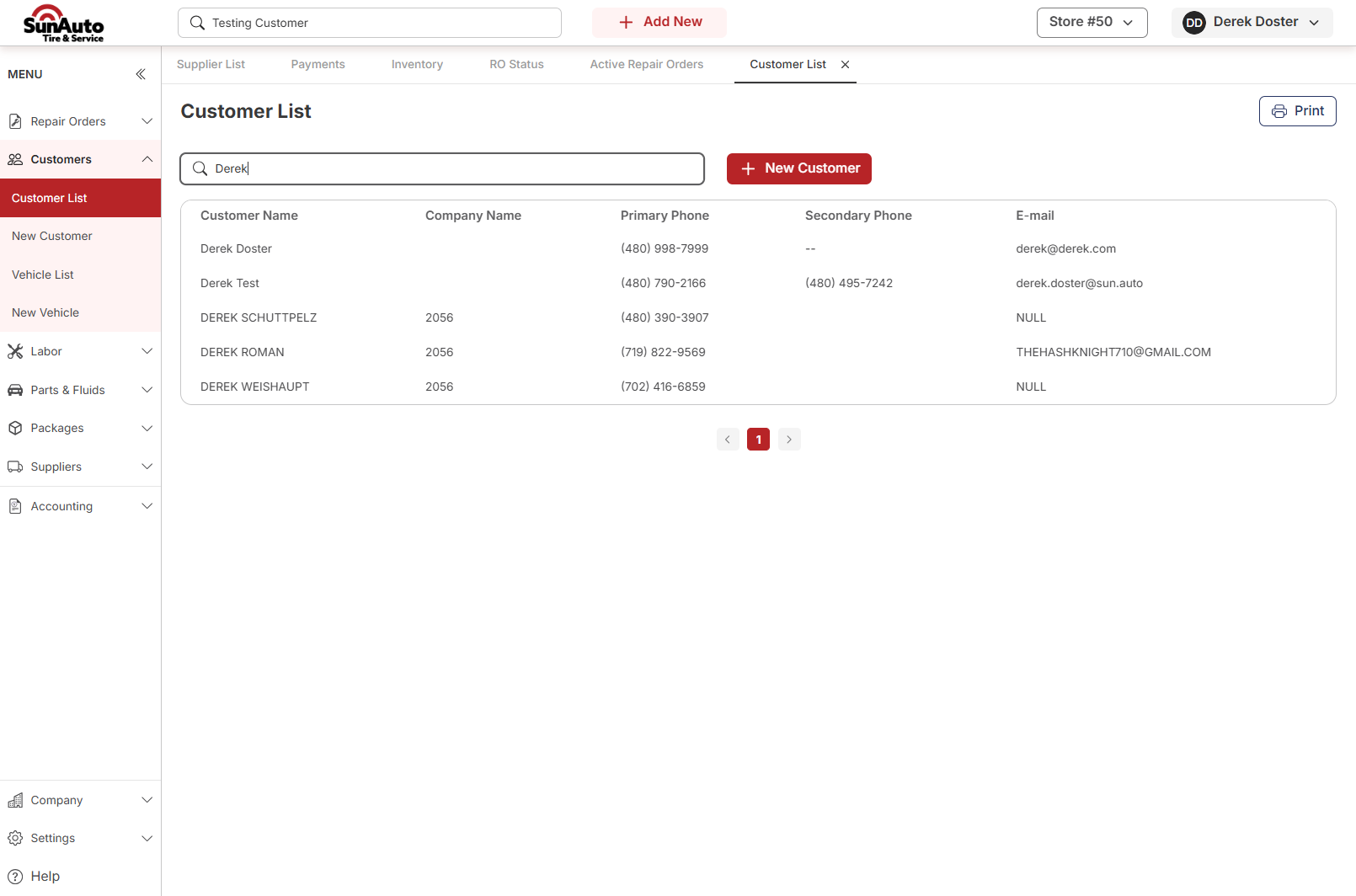 Customer List filtered to customers named Derek