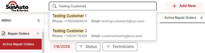 Quick search showing matching customers with phone and e-mail