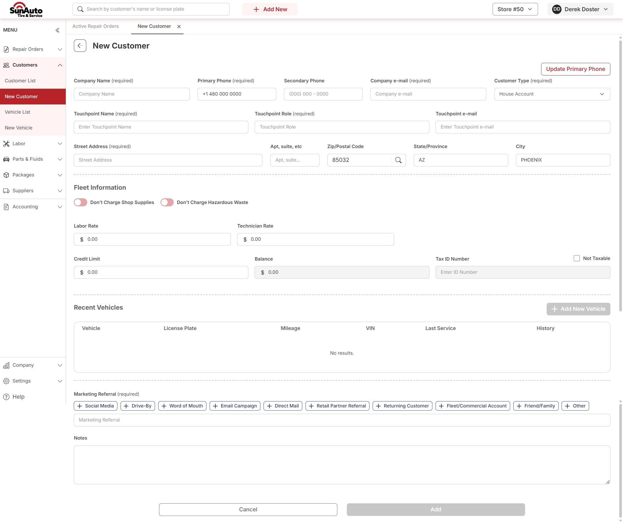 New Customer form in House Account mode