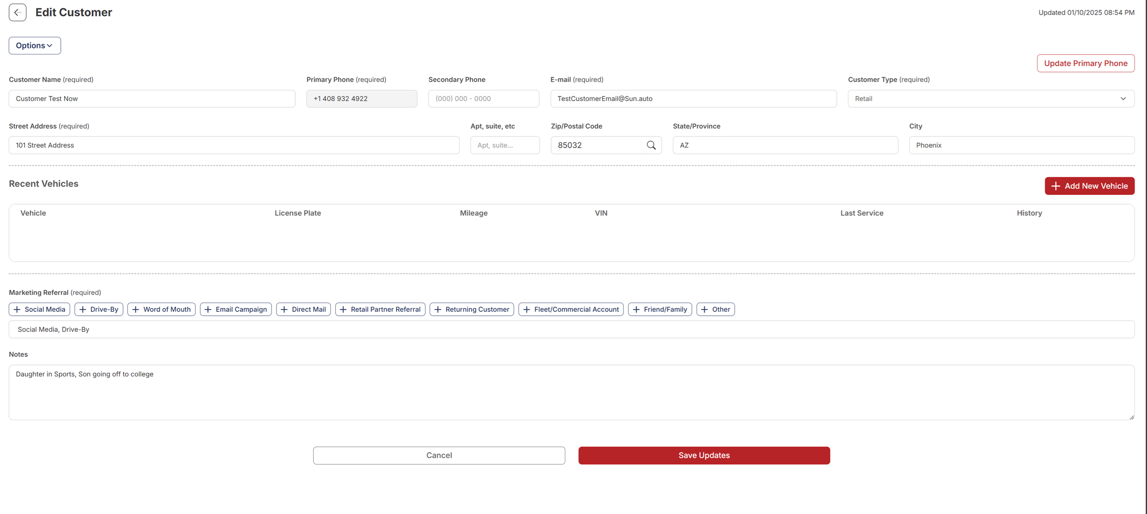 Customer form filled in with example information