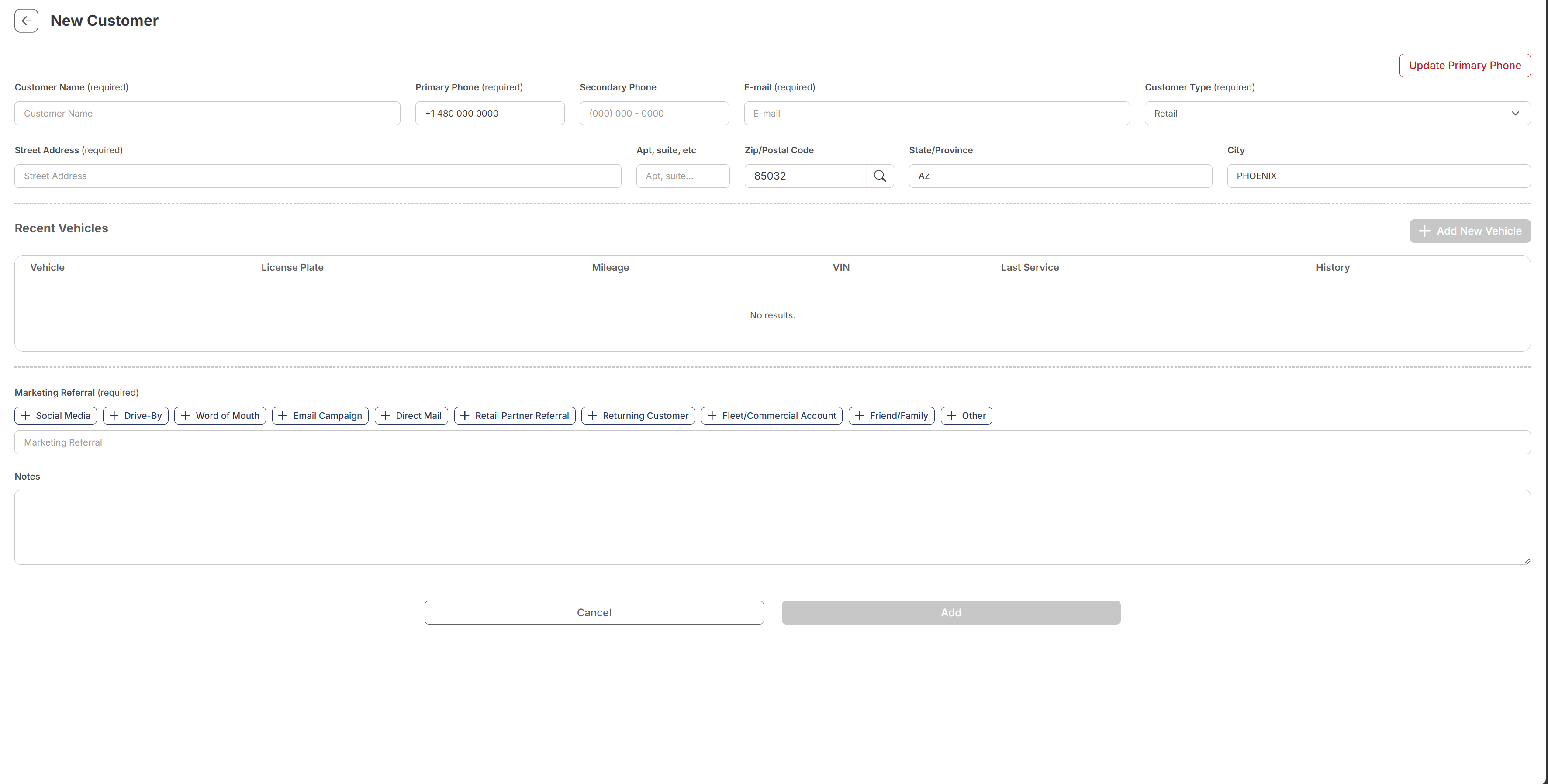 New Customer form in OverDrive — Retail