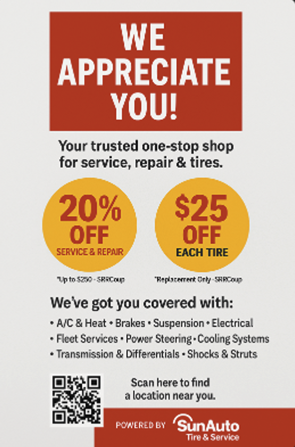 Sun Auto SRR customer appreciation flyer with 20% service and $25 tire discounts