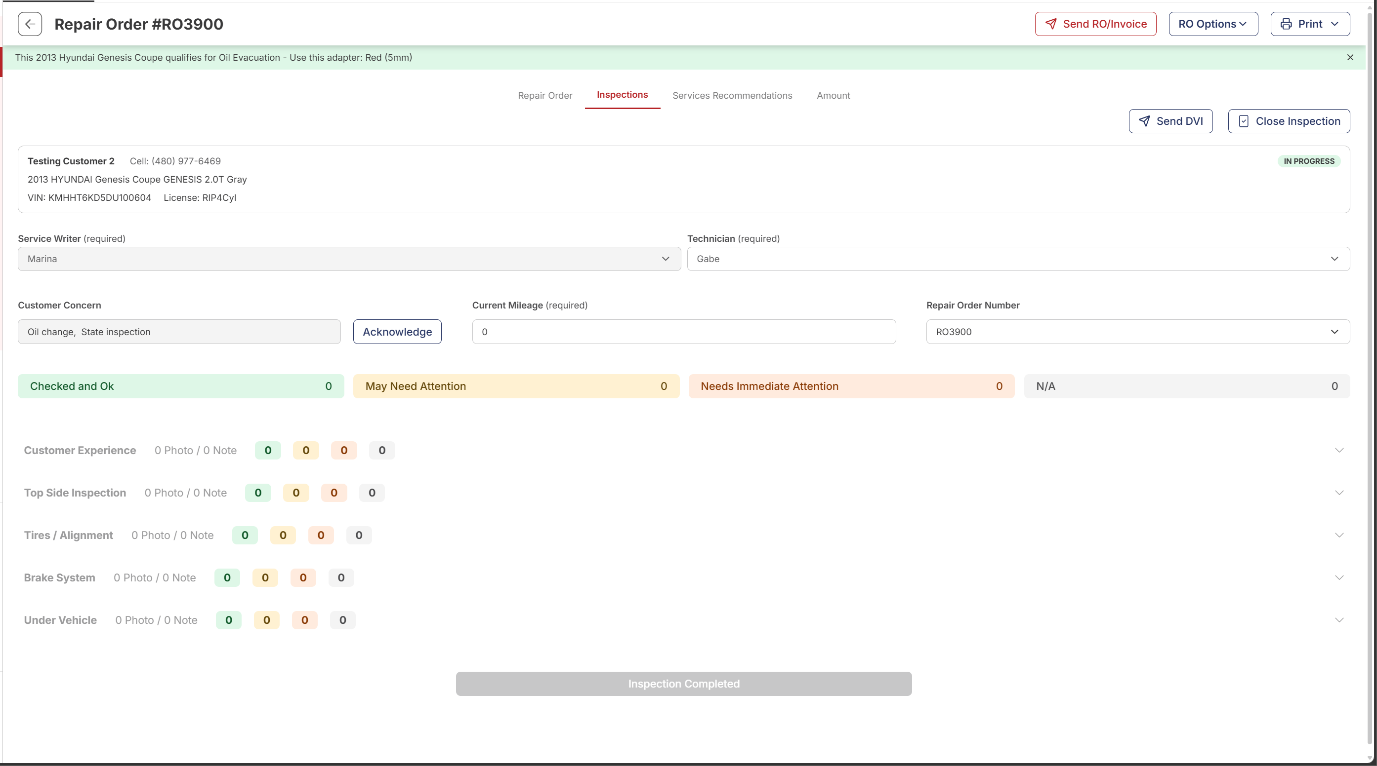 Empty Inspections tab on a Repair Order — desktop view