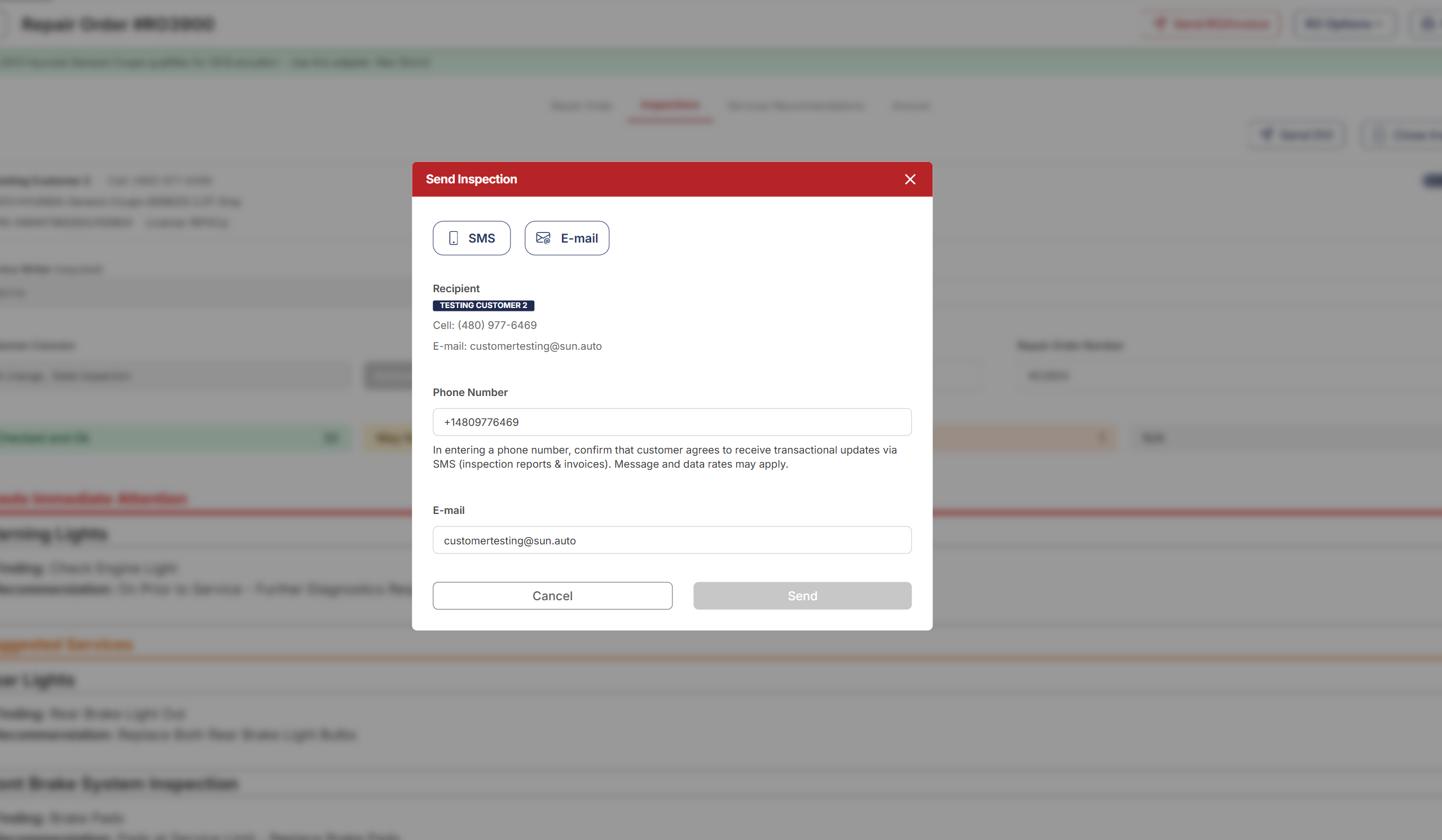 Send Inspection modal with SMS and E-mail options