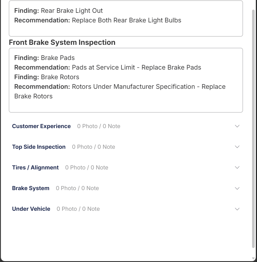 Filled DVI with grouped findings — mobile view, continued