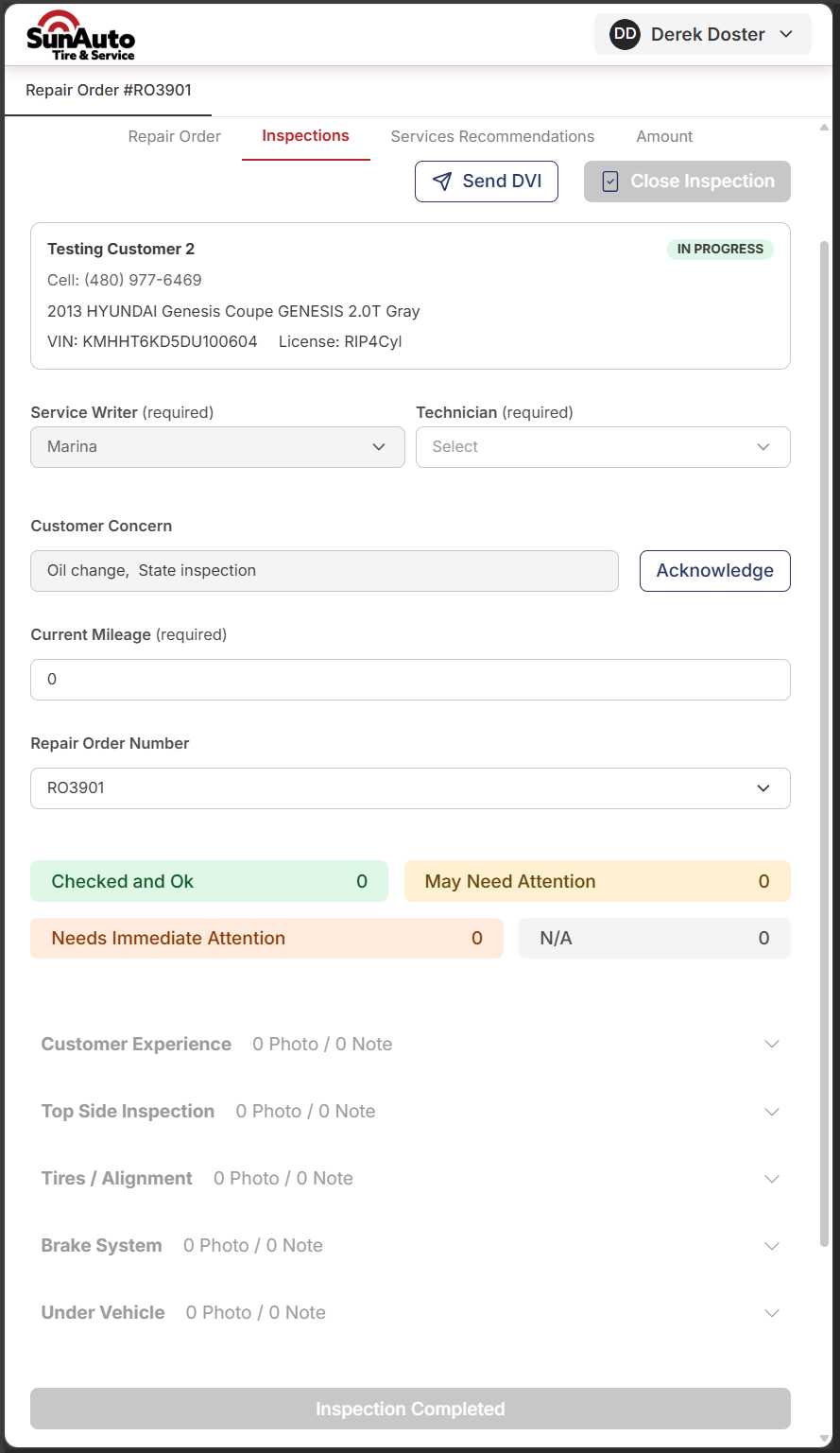 Empty Inspections tab on a Repair Order — mobile view
