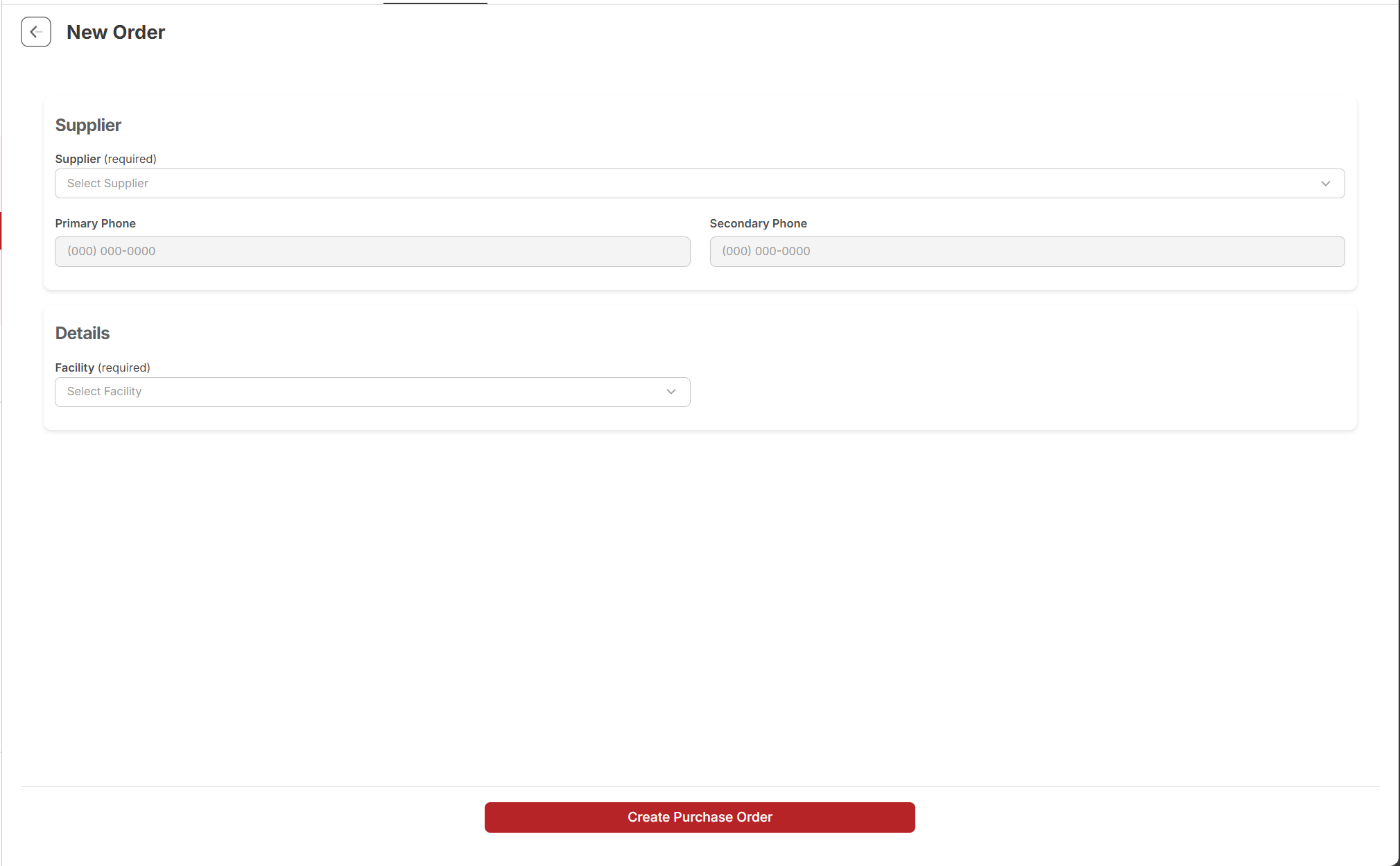 Empty New Order form with Supplier and Facility selectors