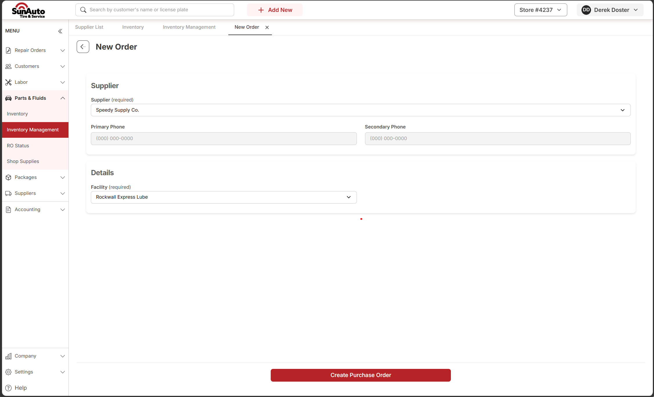 New Order form with supplier and facility filled in