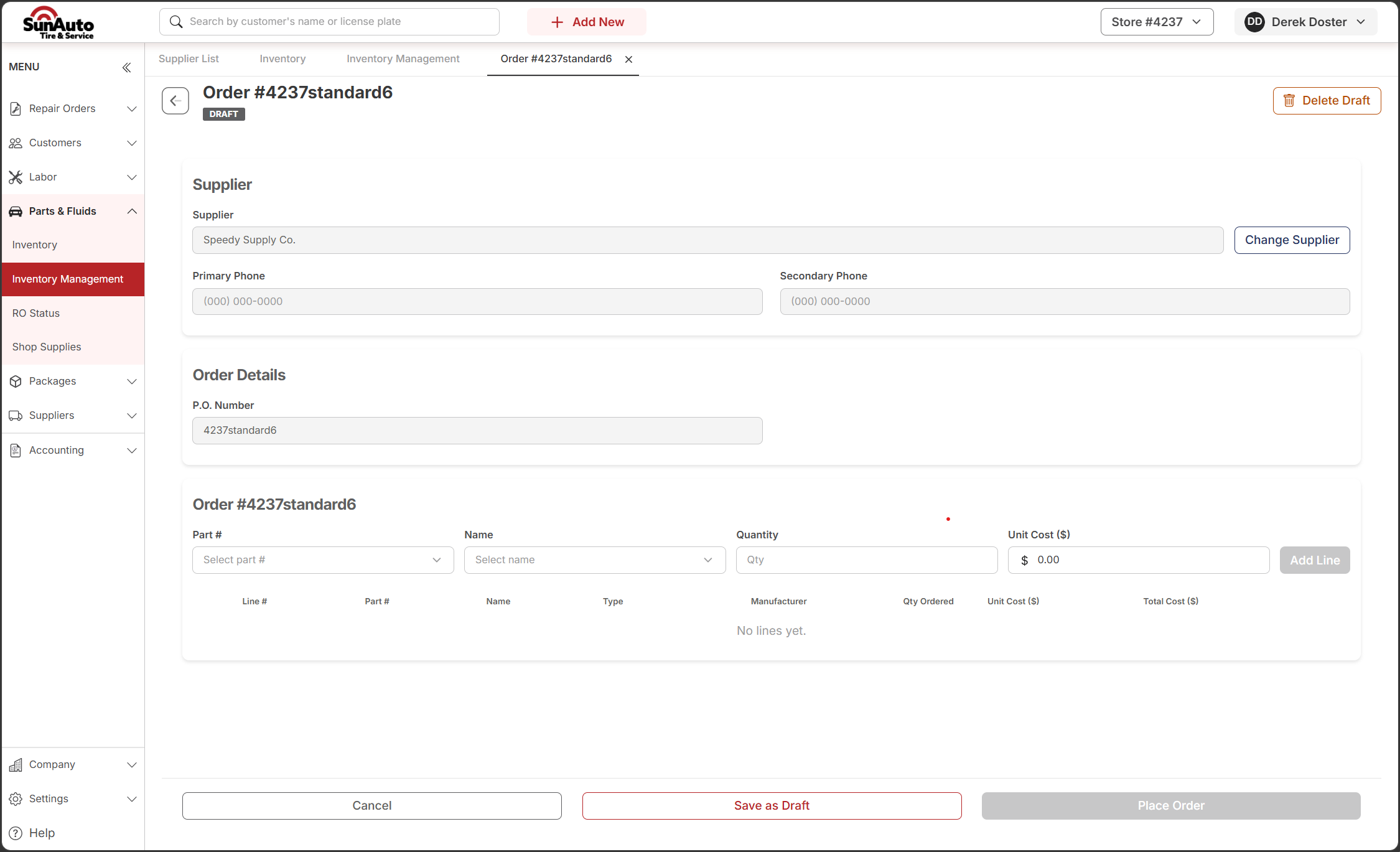 Empty draft PO with line entry row and Save as Draft / Place Order buttons