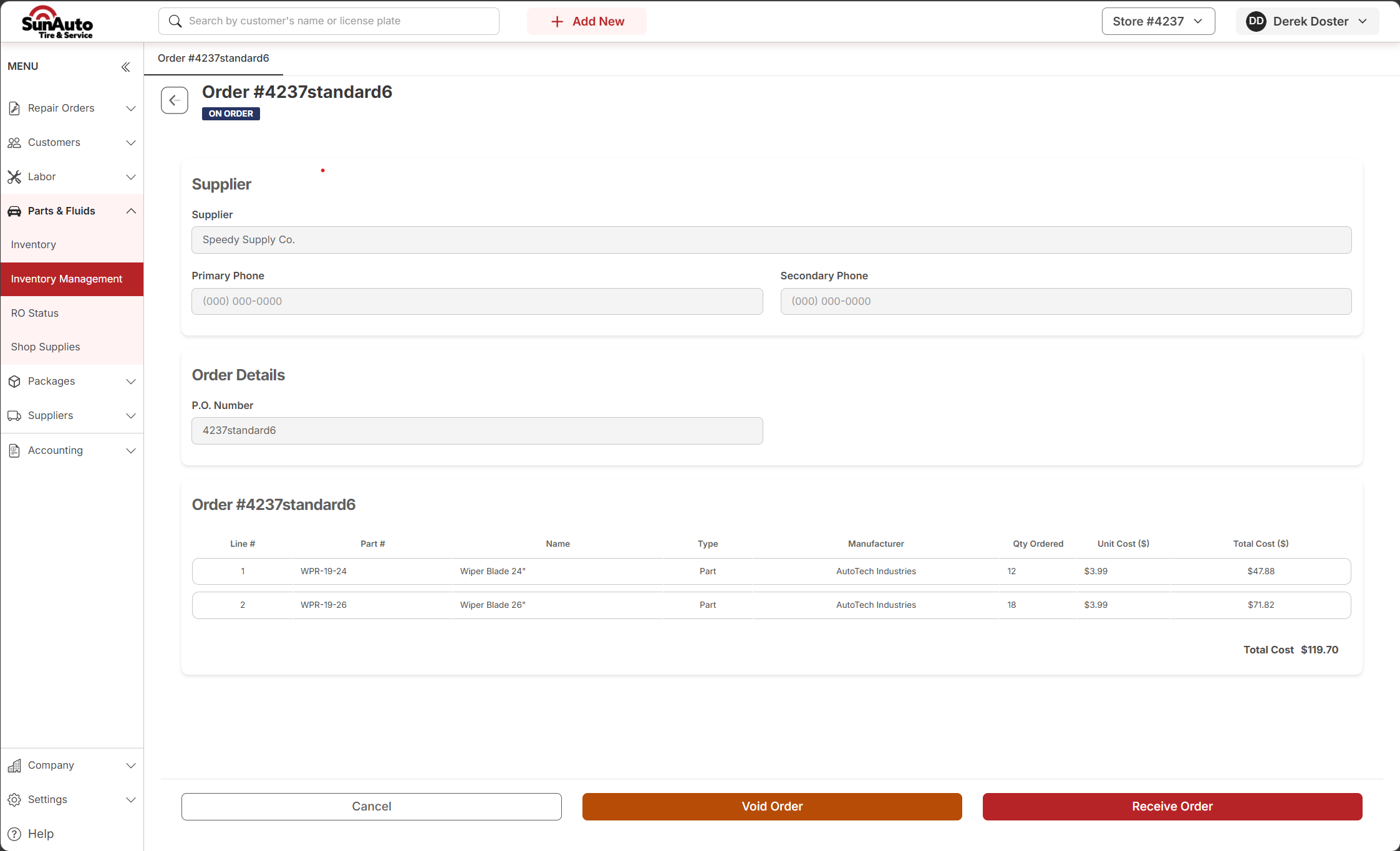 PO detail view showing ON ORDER status and Void / Receive buttons