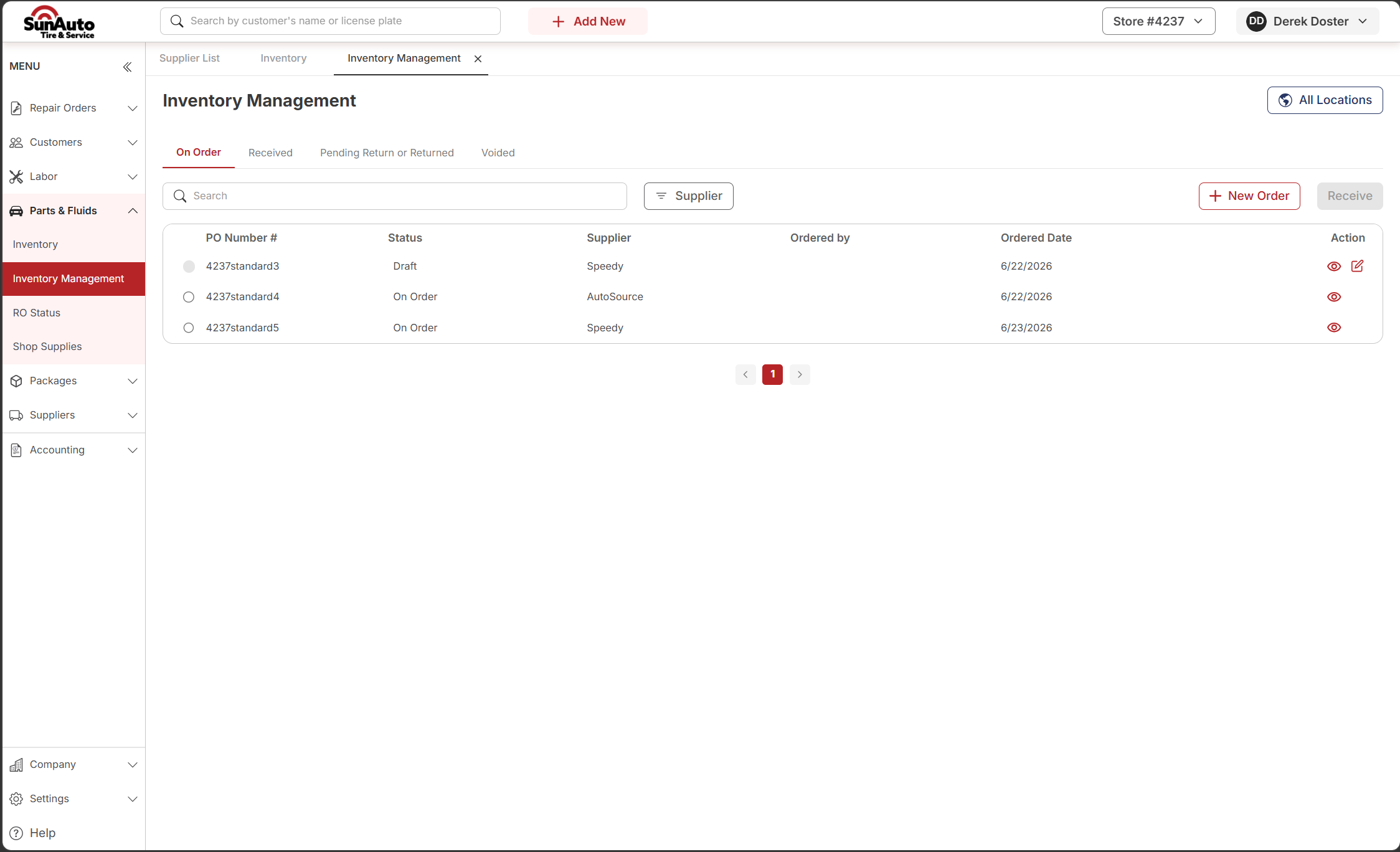 Inventory Management list view with On Order tab and several POs