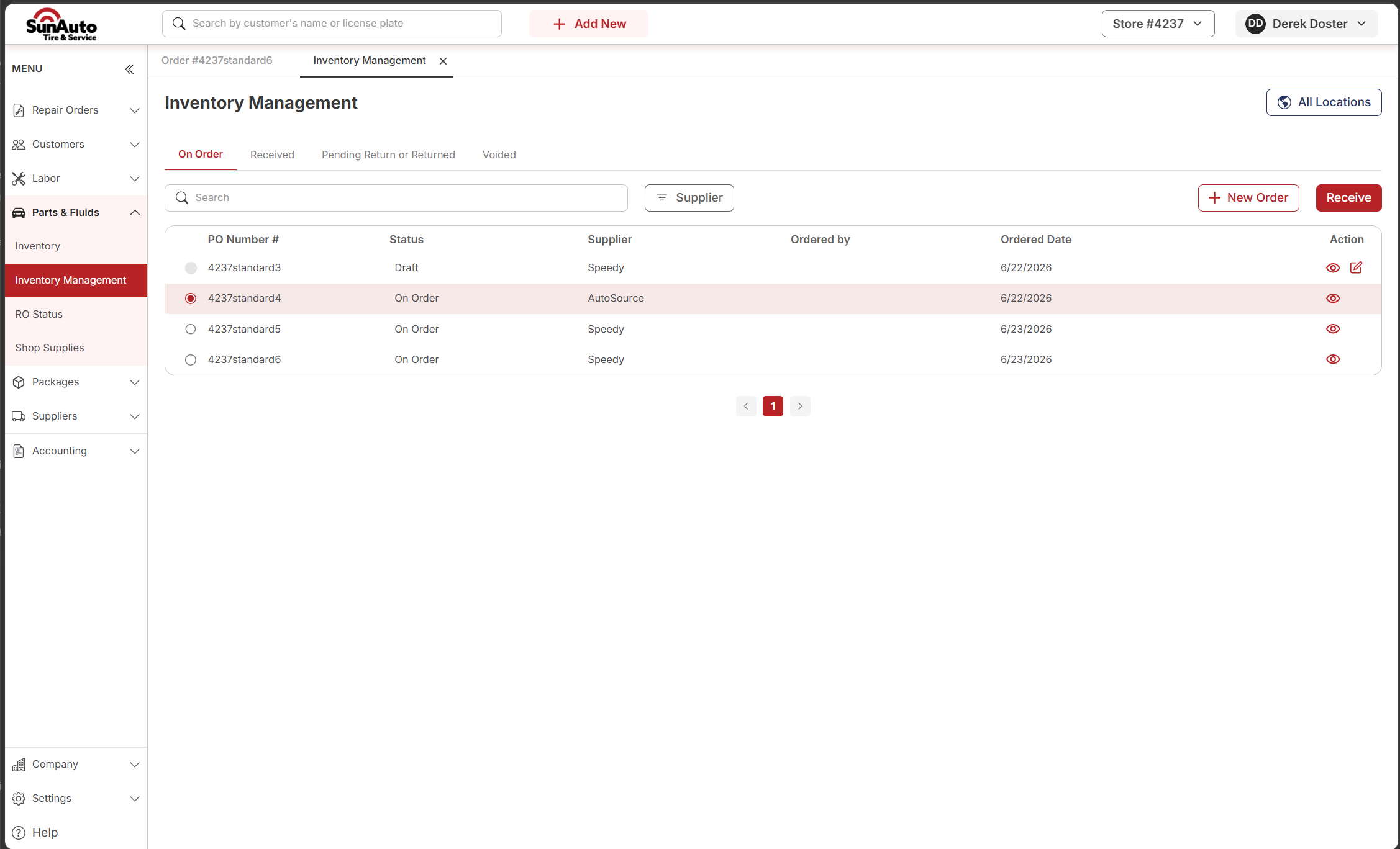 Inventory Management On Order tab with one PO row selected and Receive button active