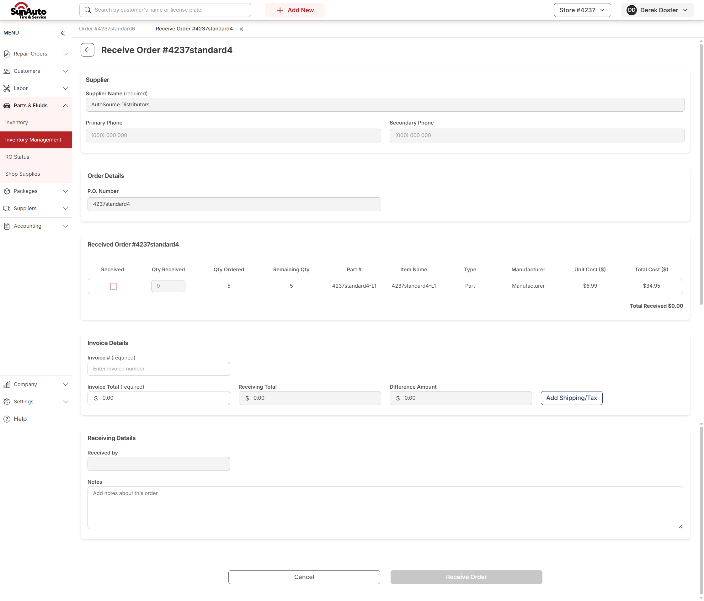 Empty Receive Order form with line items, invoice fields, and Receive Order button disabled