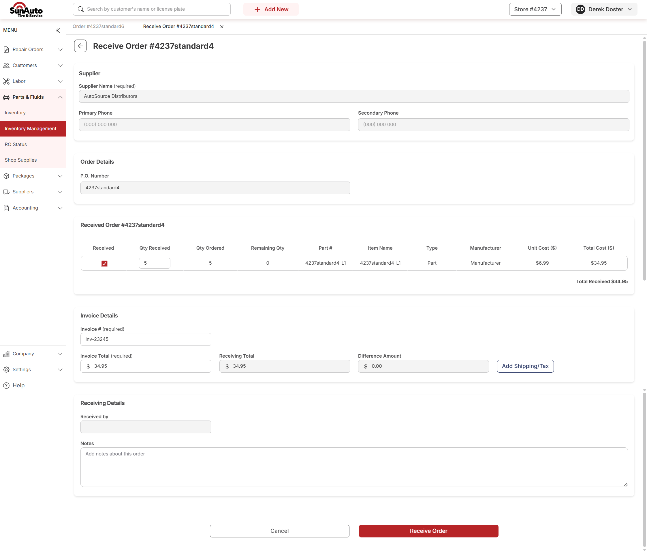 Filled Receive form with quantities received, invoice number, and Receive Order button now active