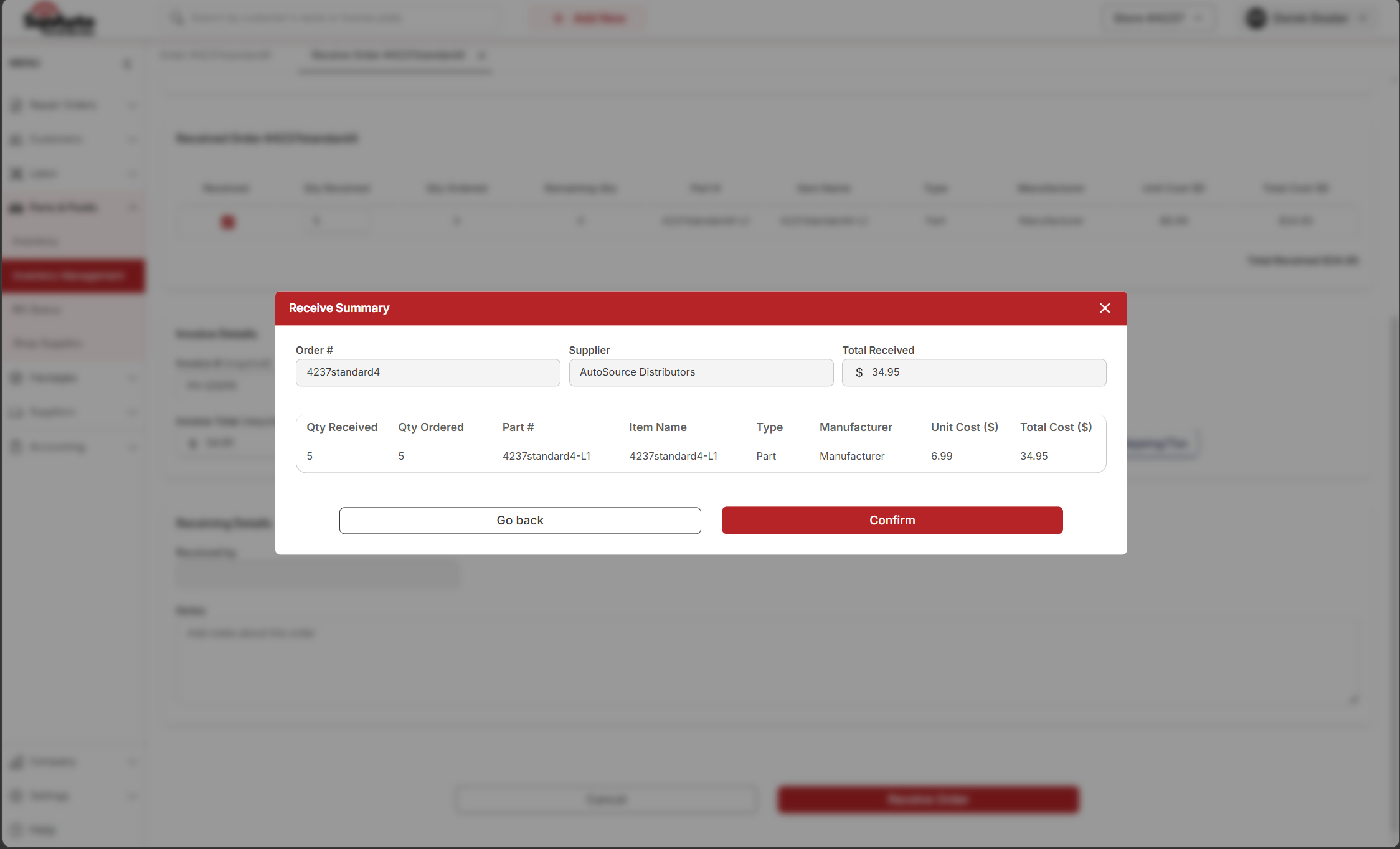 Receive Summary modal with order details and Confirm button