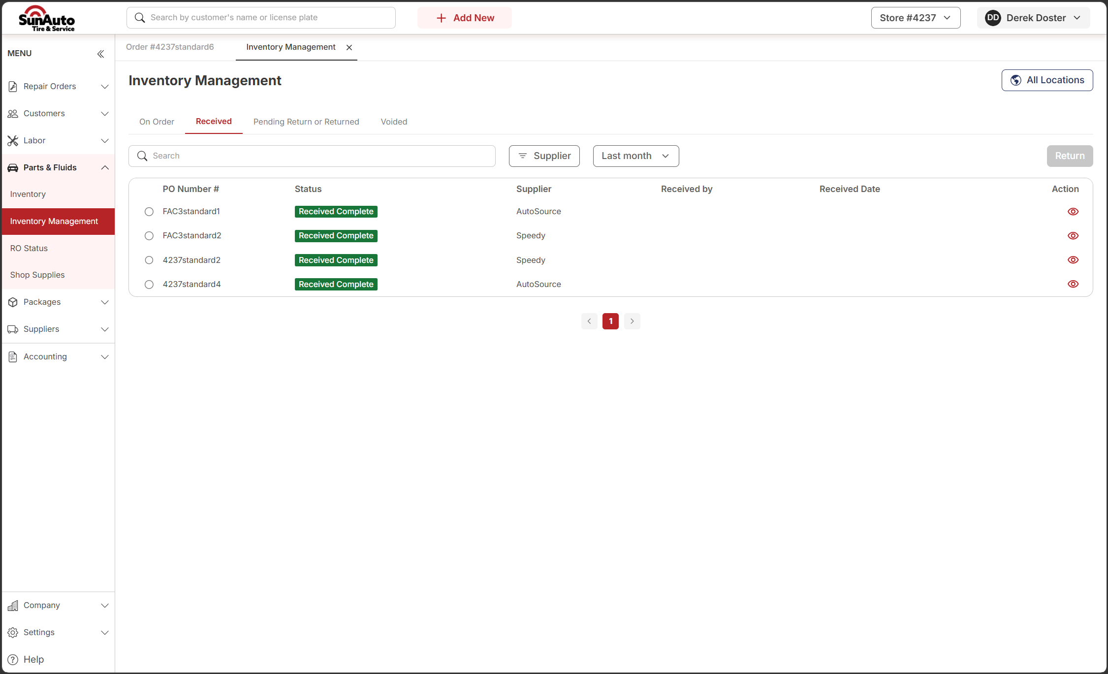 Inventory Management Received tab showing the PO with Received Complete badge
