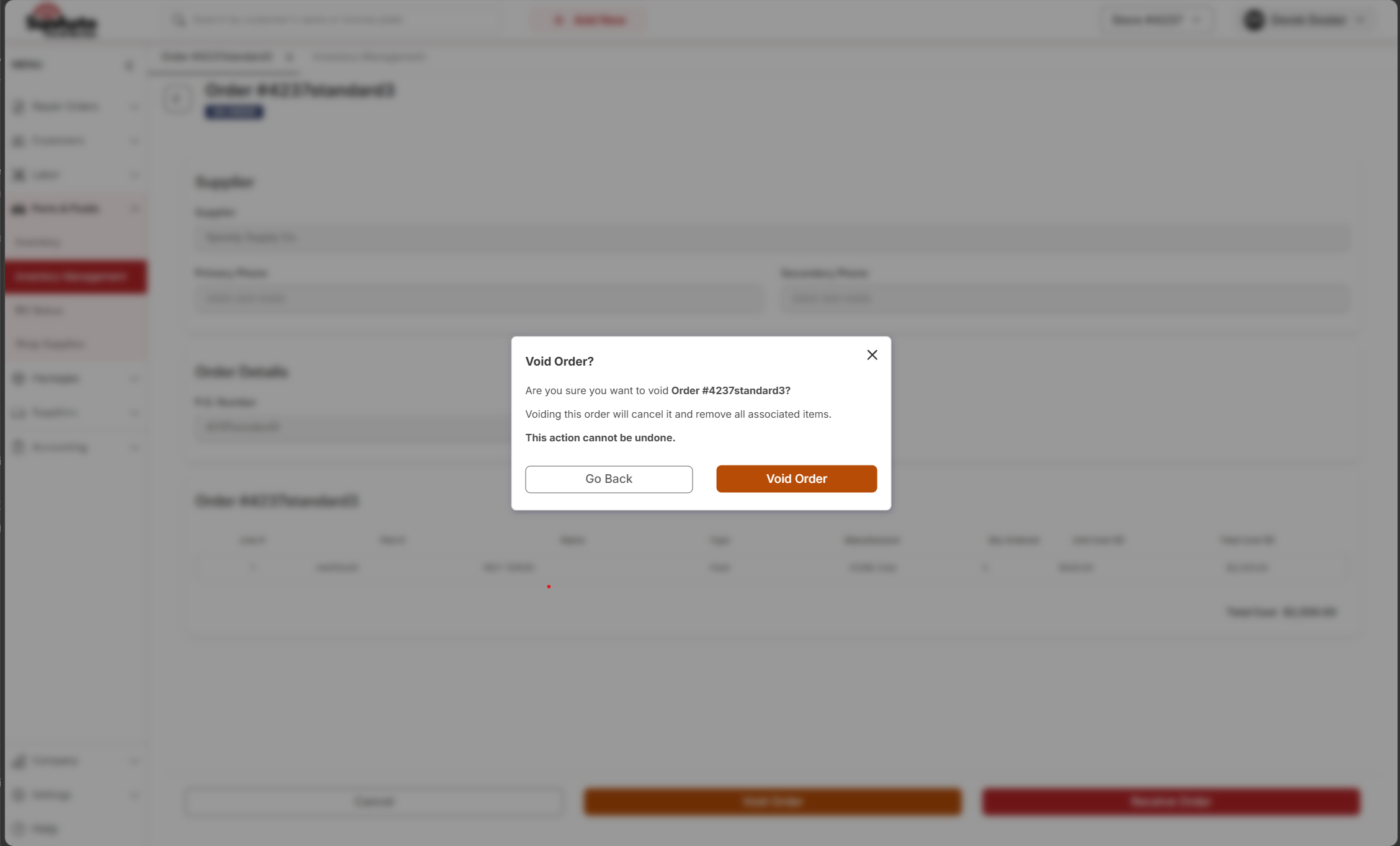 Void Order confirmation modal