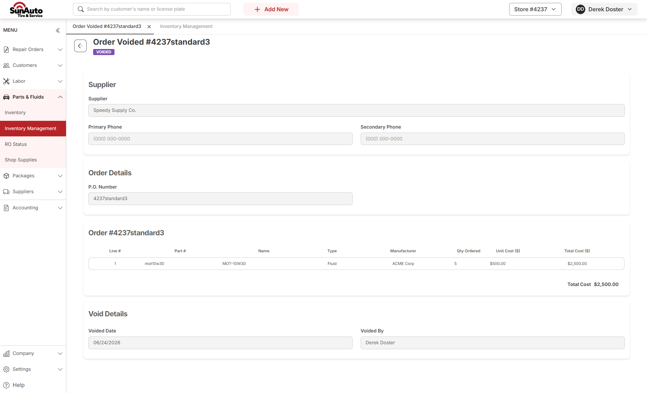 Voided PO showing Void Details with date and user