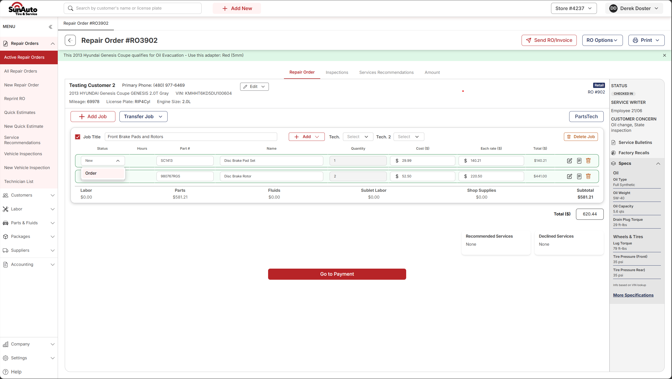 Repair Order with the line status dropdown expanded showing Order option