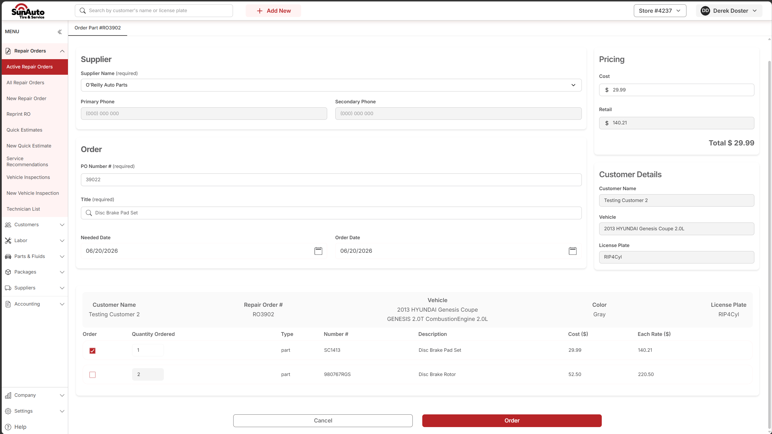 Order Part page with one of two lines pre-selected