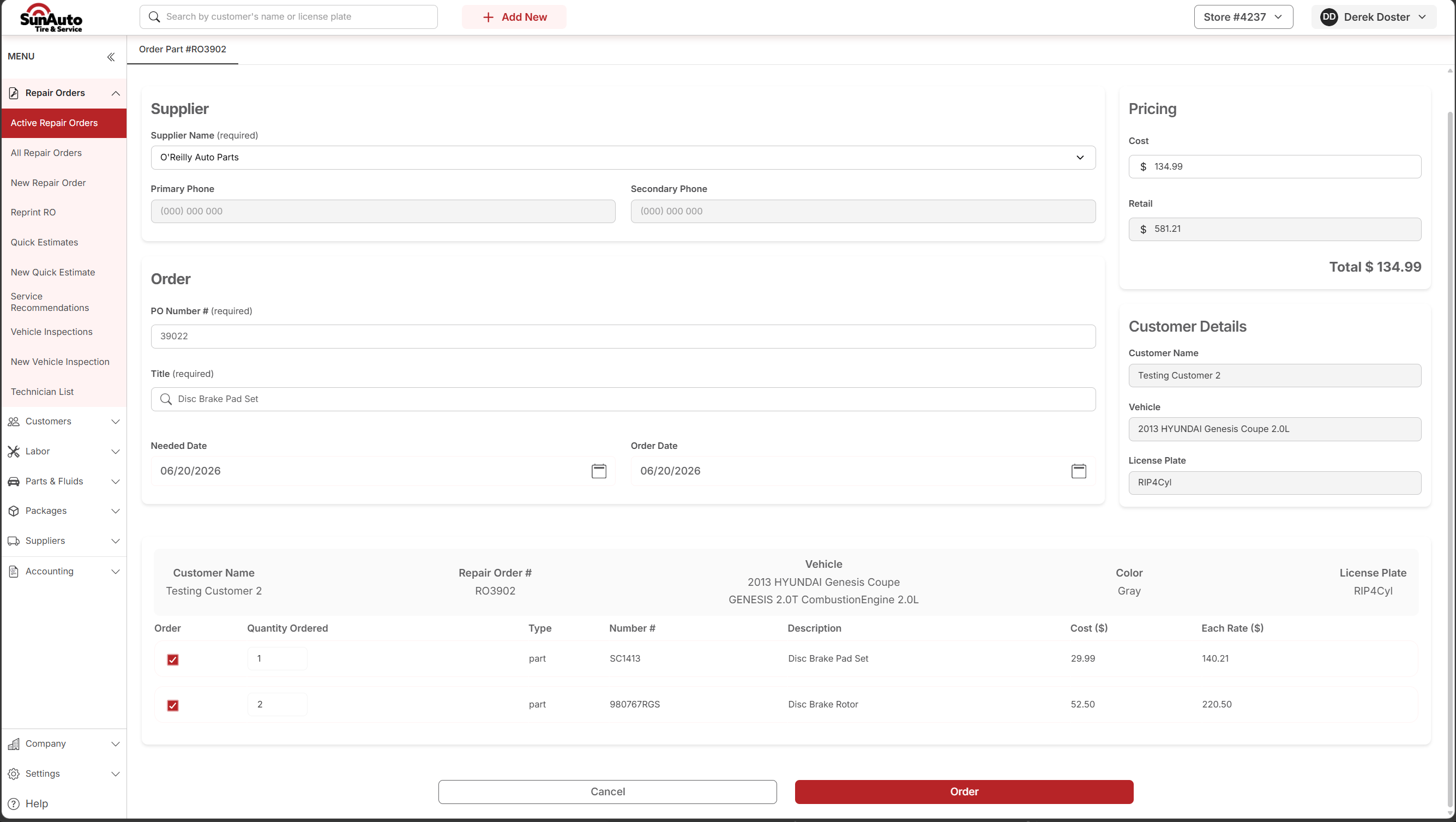 Order Part page with both lines checked, total updated