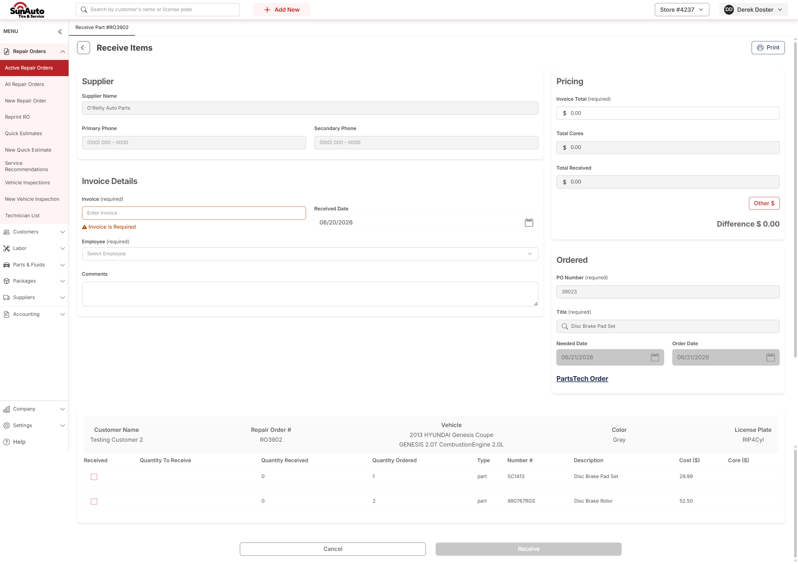 Receive Items page, empty, with Invoice required warning