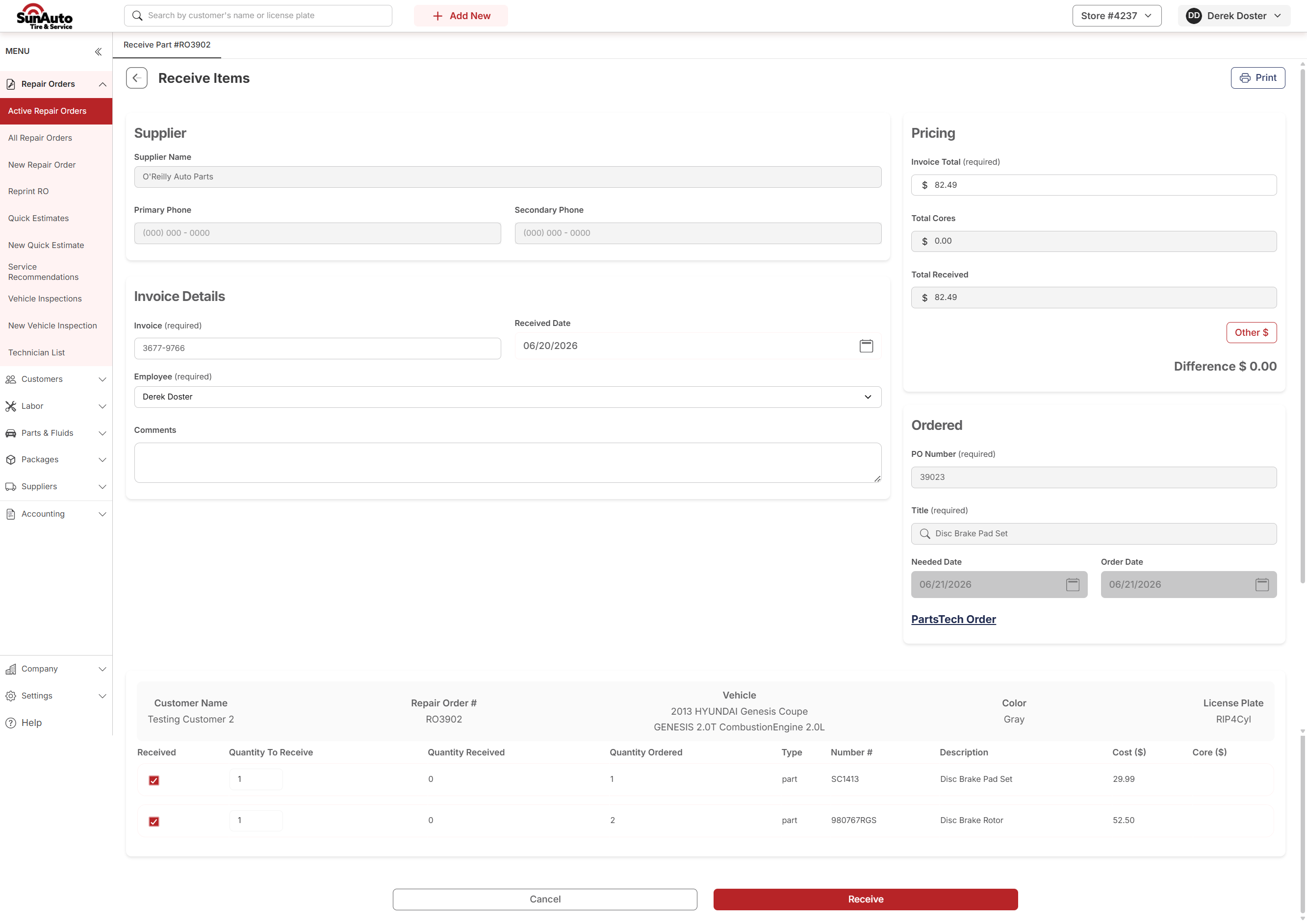 Receive Items page filled in with invoice, employee, and both lines checked