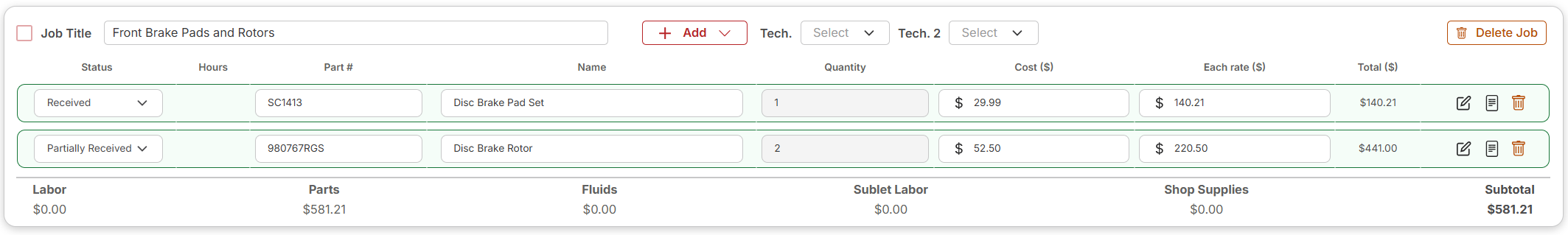 Repair Order Job row showing Received and Partially Received statuses