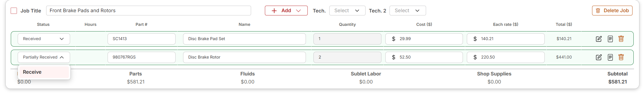 Partially Received status dropdown showing the Receive option