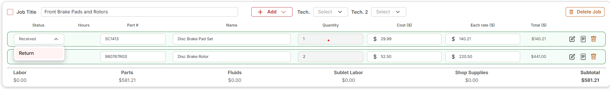 Received line status dropdown showing the Return option