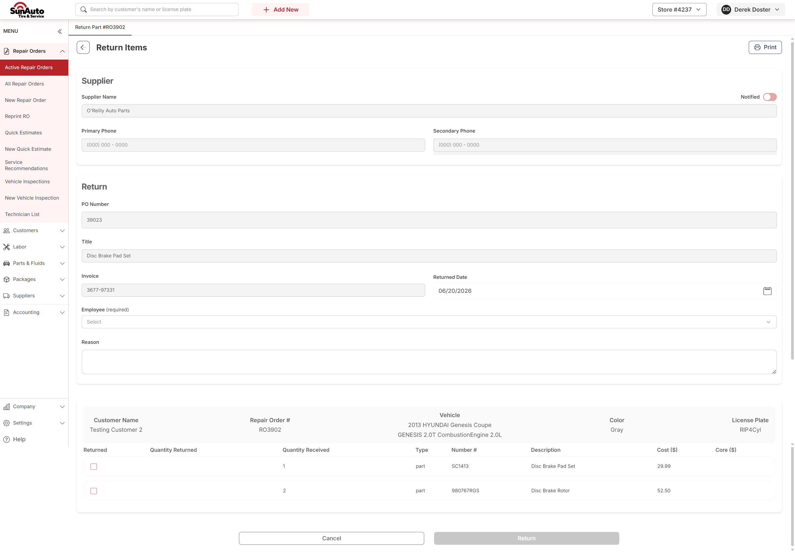 Return Items page, empty