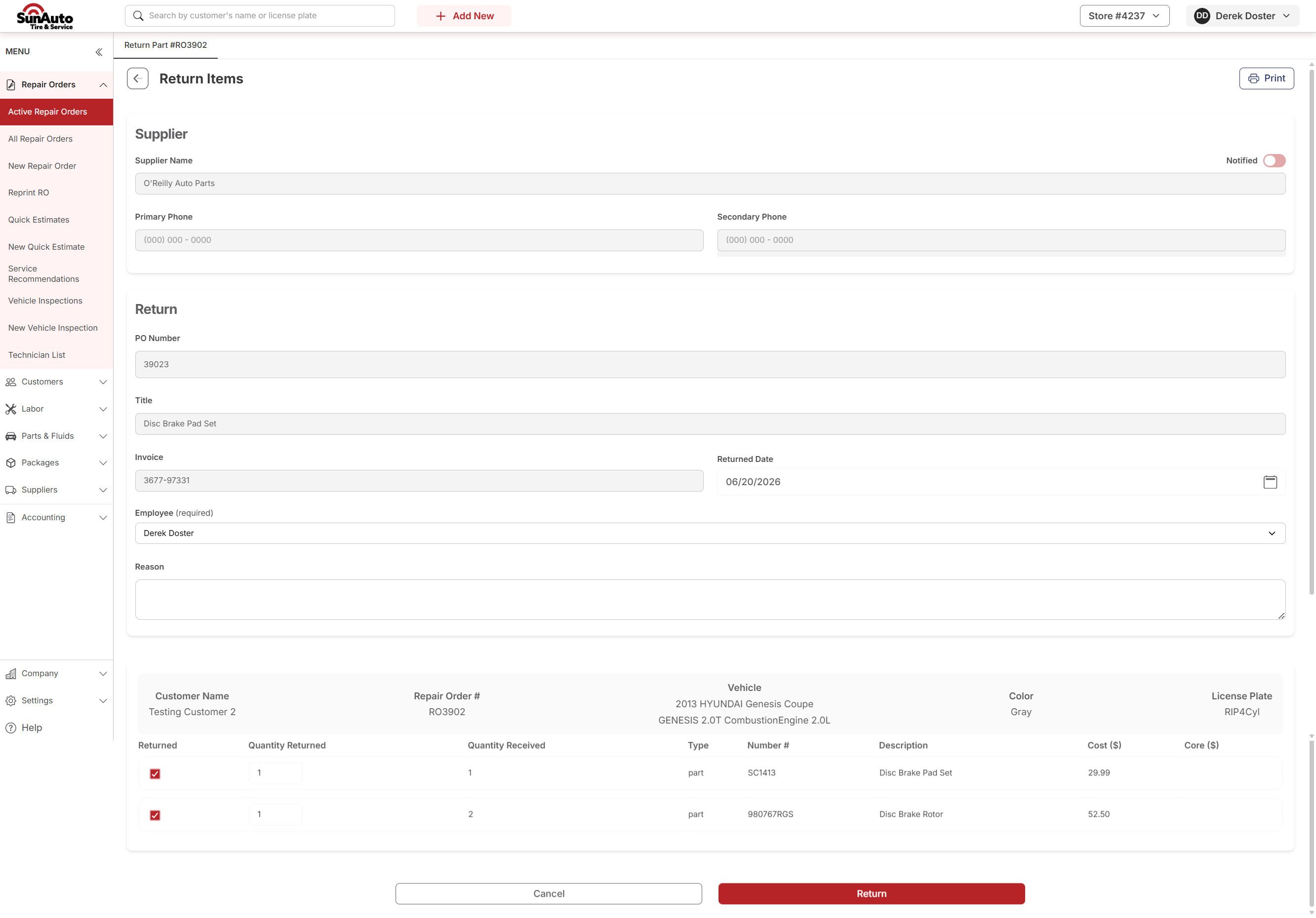 Return Items page filled in with employee, both lines checked, quantities set