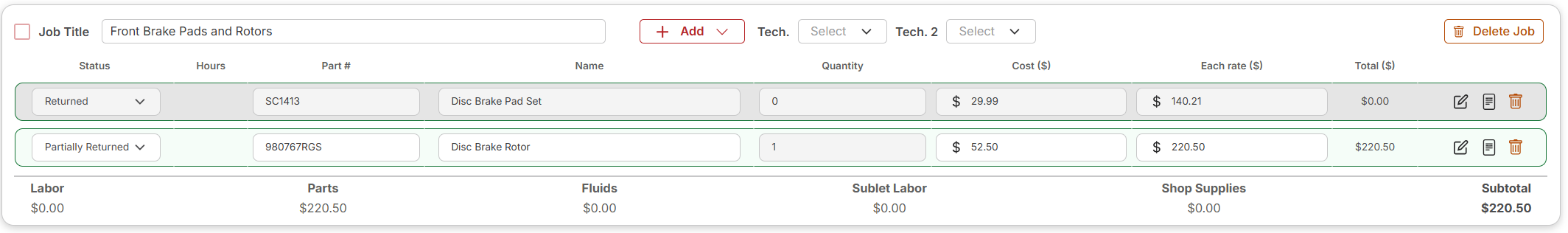 Repair Order Job row showing Returned and Partially Returned statuses with adjusted subtotal
