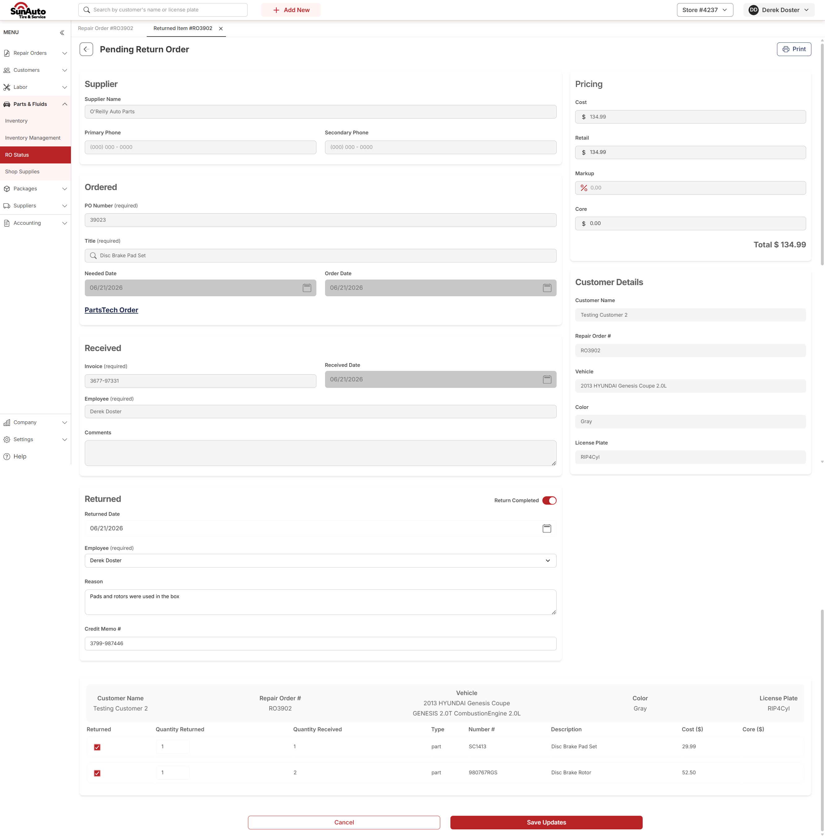 Pending Return Order page with Return Completed toggle and Credit Memo field