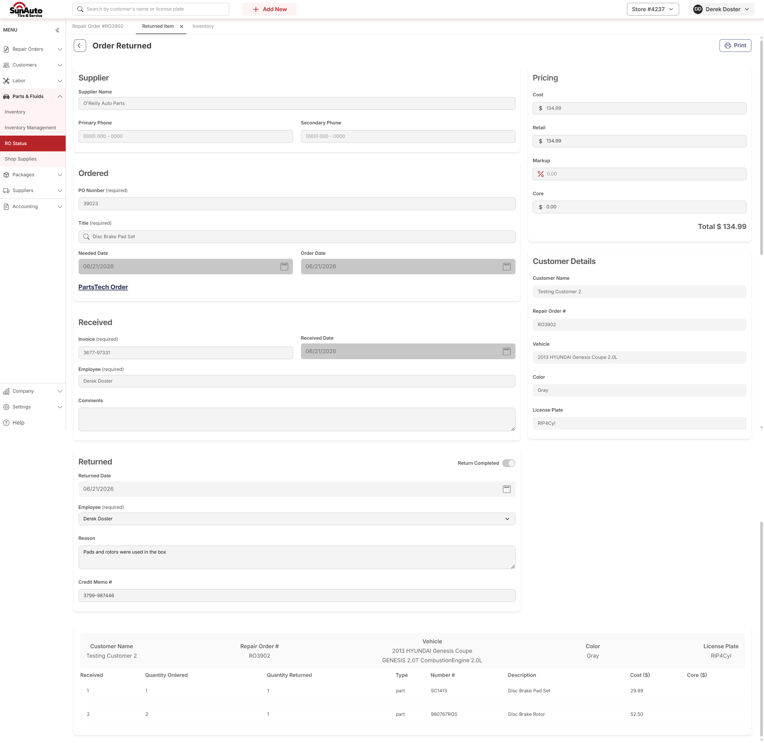 Order Returned page, the closed-out state of the return