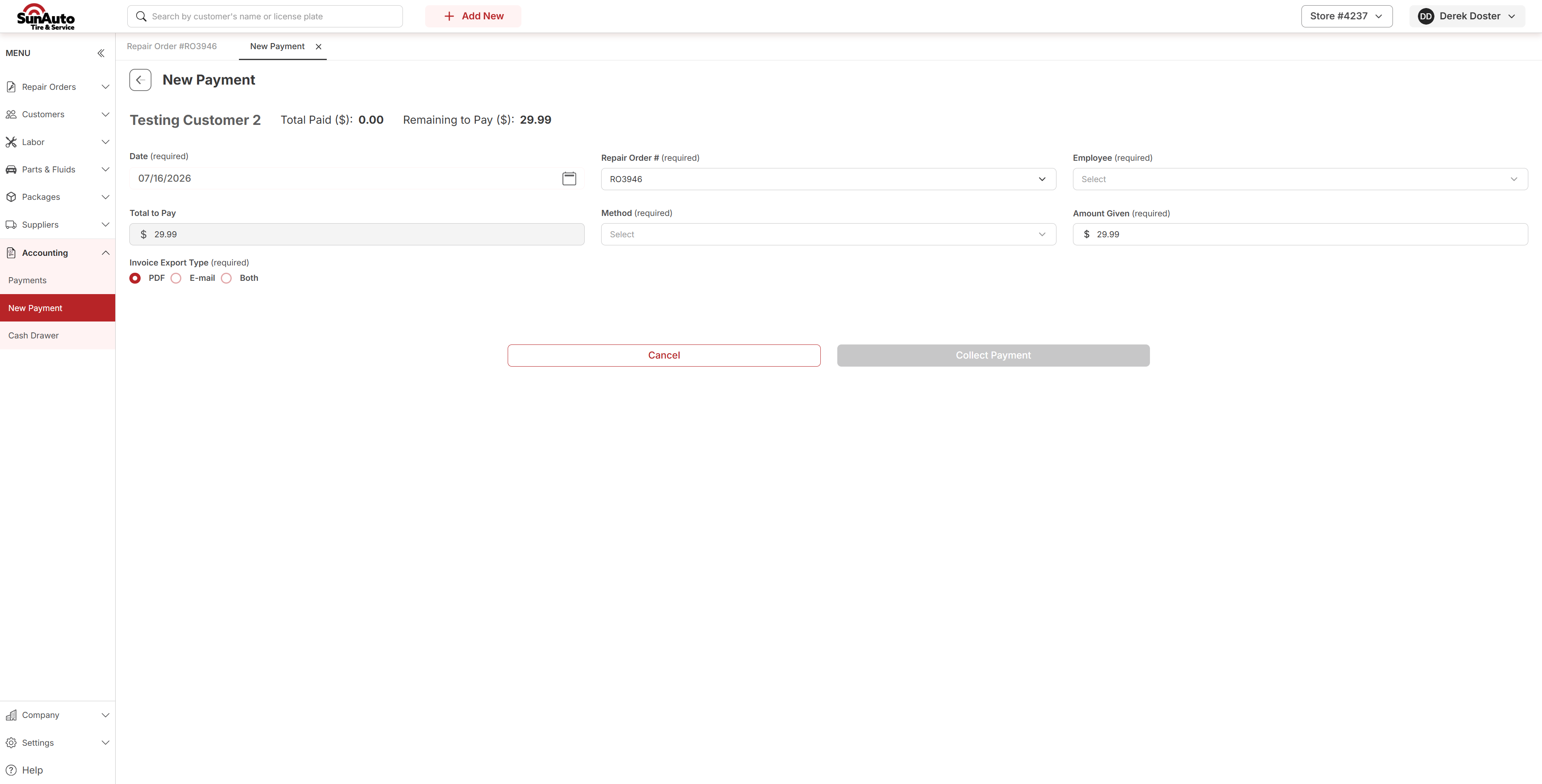 New Payment screen in its empty state, showing the Total Paid and Remaining to Pay header, the required fields, the Invoice Export Type radio options, and the disabled Collect Payment button