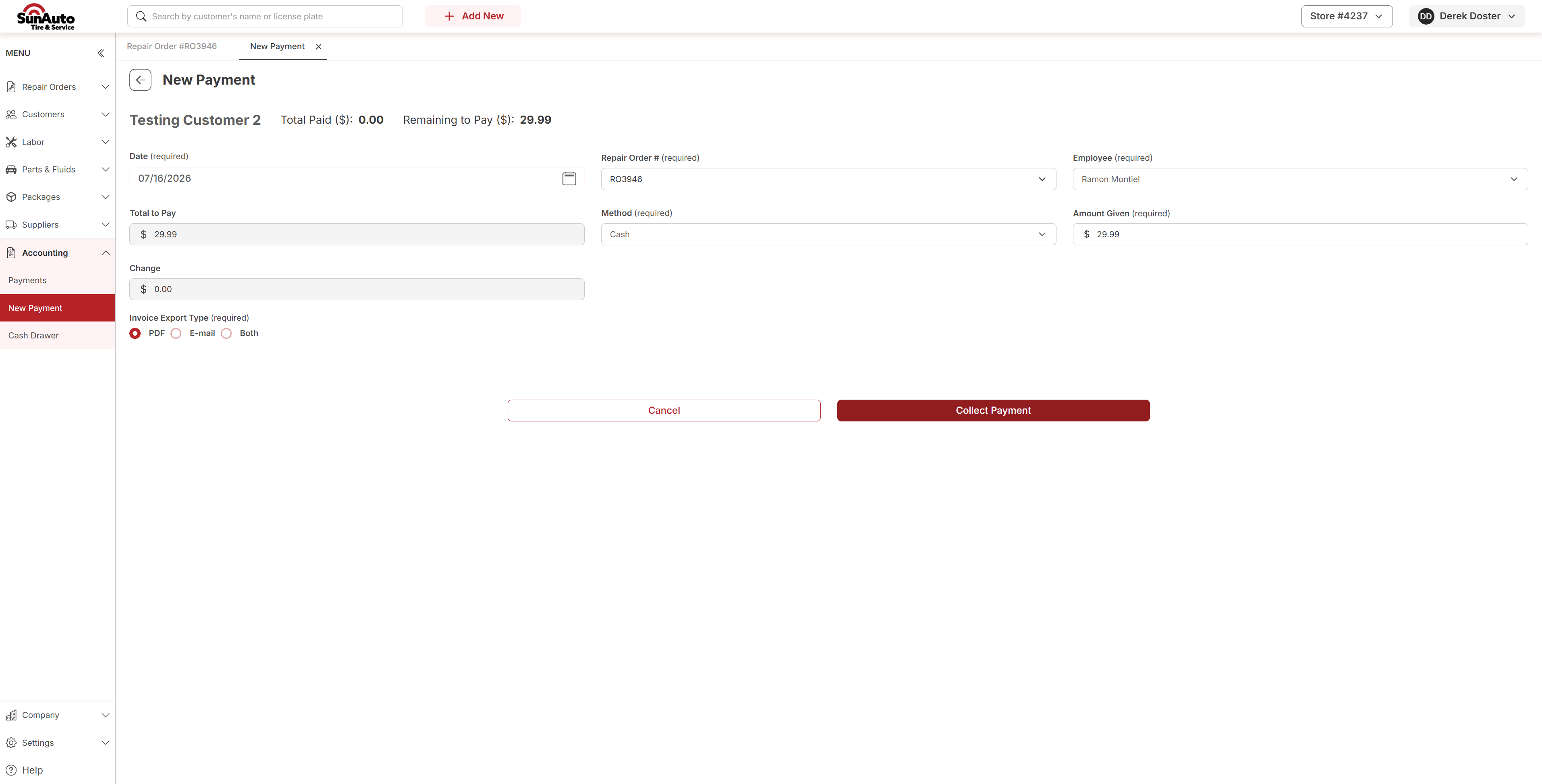 New Payment screen with Method set to Cash and an Employee selected; a Change field is shown and the Collect Payment button is enabled