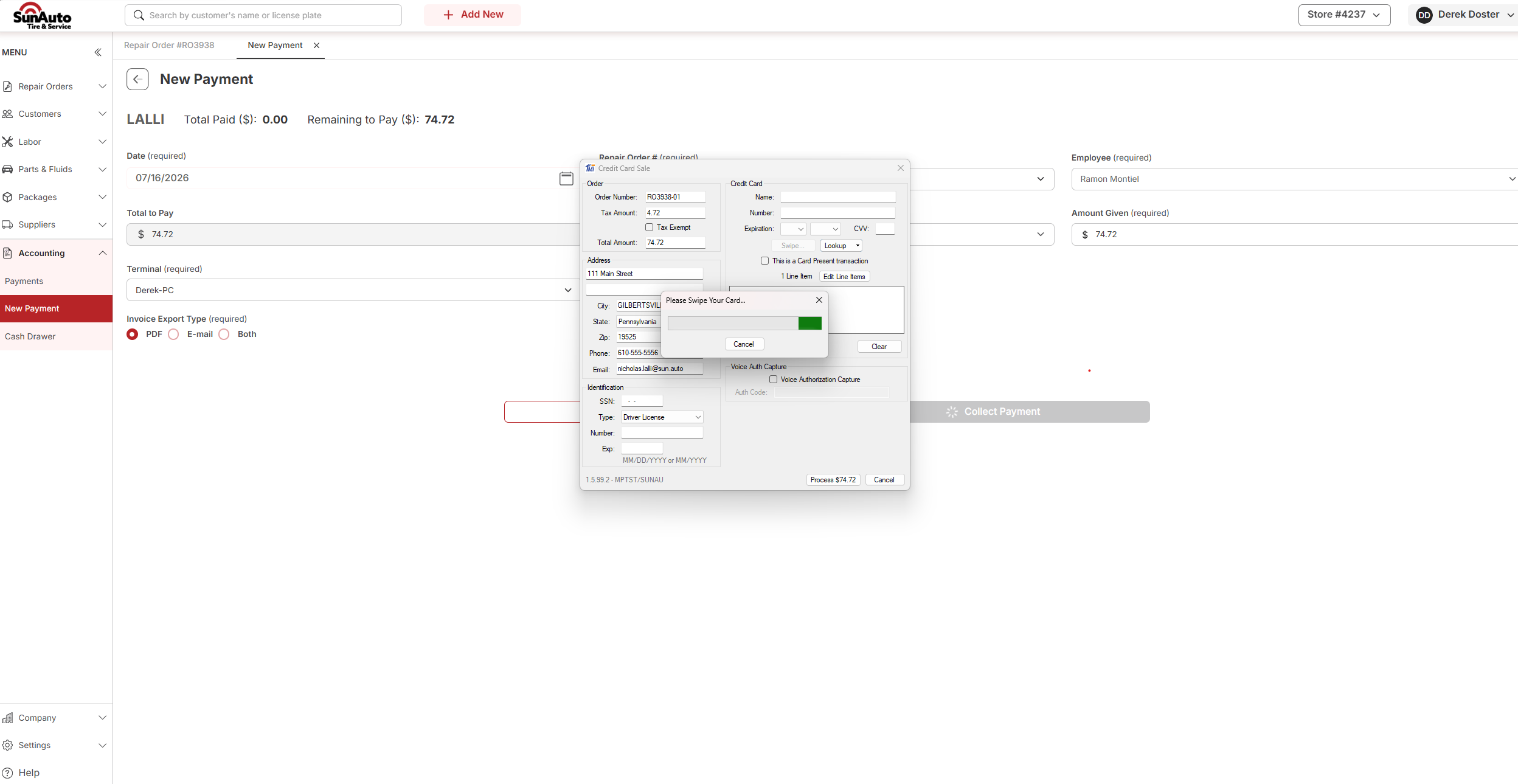 Credit Card Sale window open over the New Payment screen with the Terminal set and a Please Swipe Your Card prompt