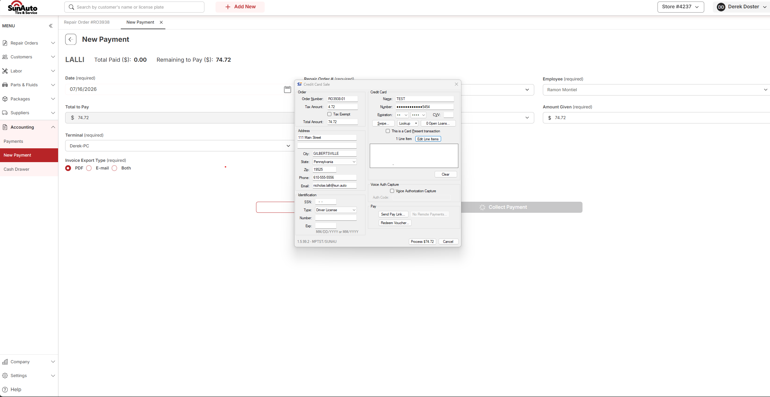 Credit Card Sale window with the card Name and masked card number filled in and the Process button ready