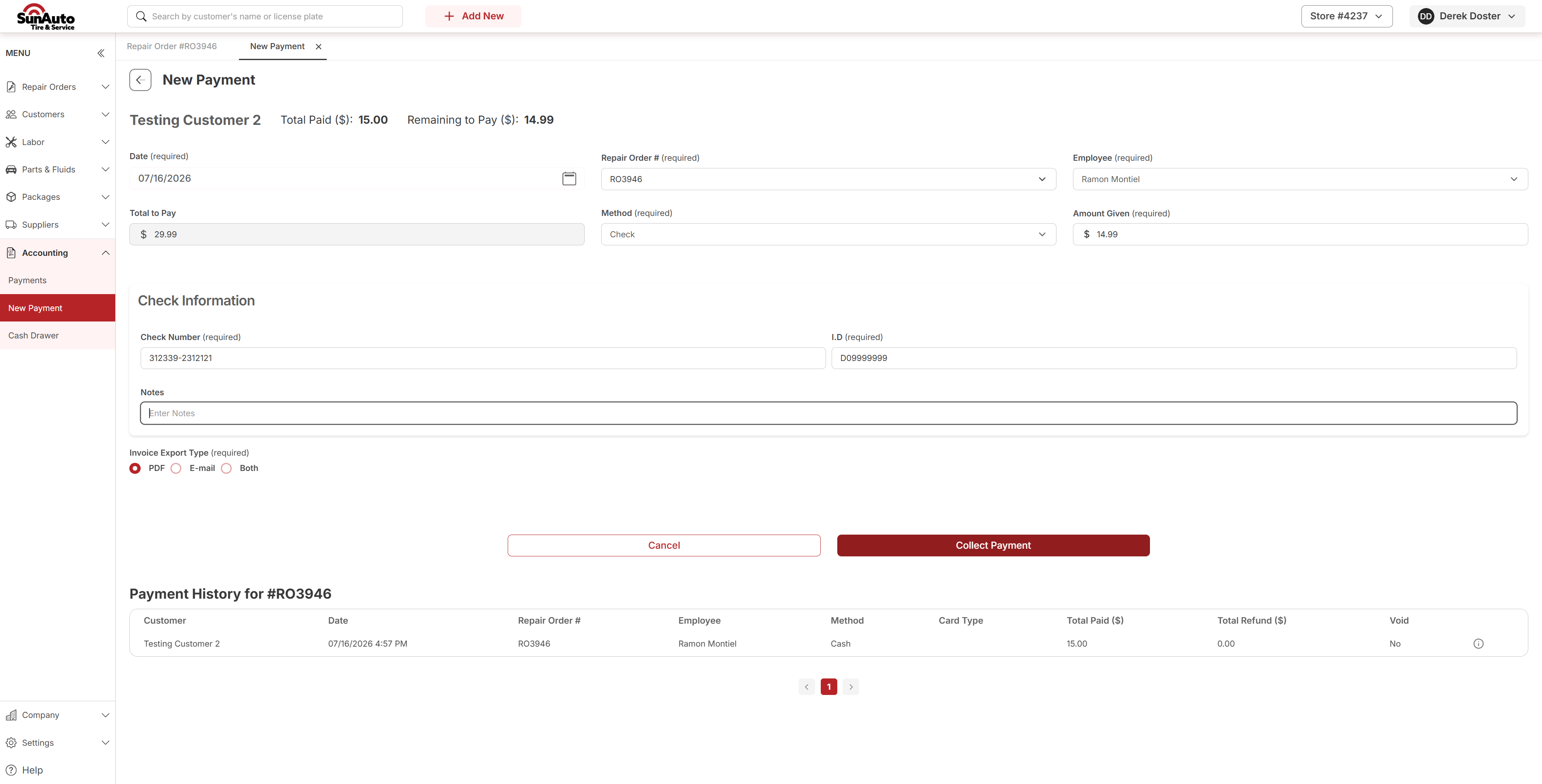 New Payment screen with Method set to Check, showing the Check Information section with Check Number, I.D, and Notes fields