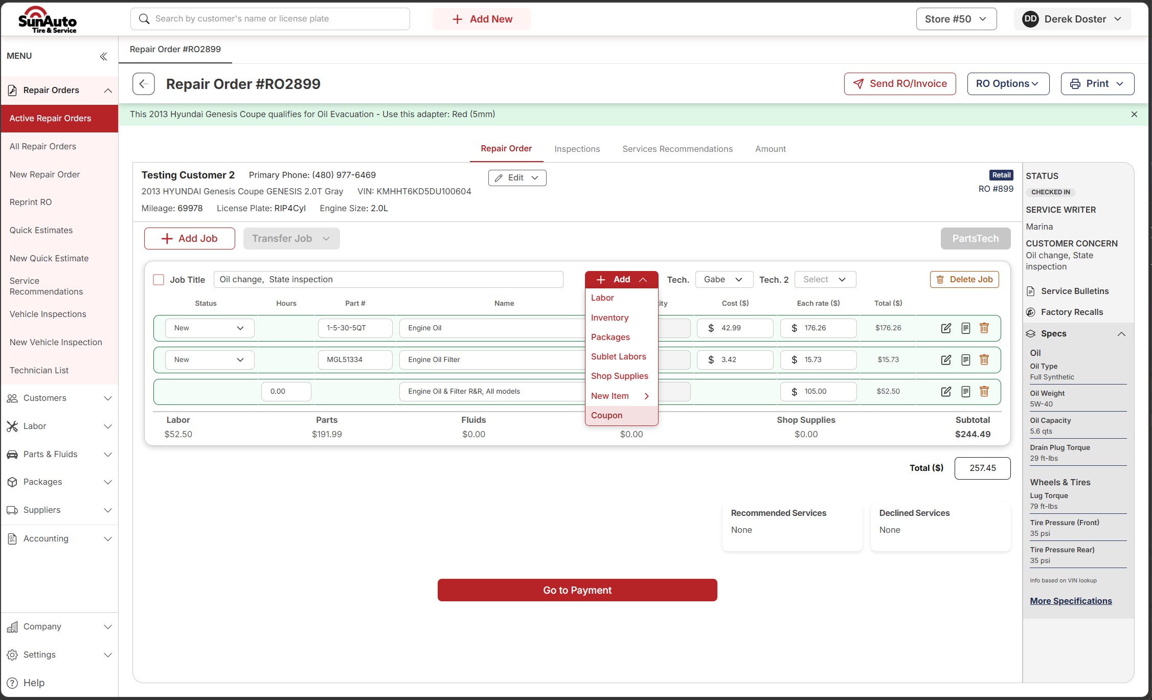 OverDrive Repair Order with the +Add menu open showing the Coupon option