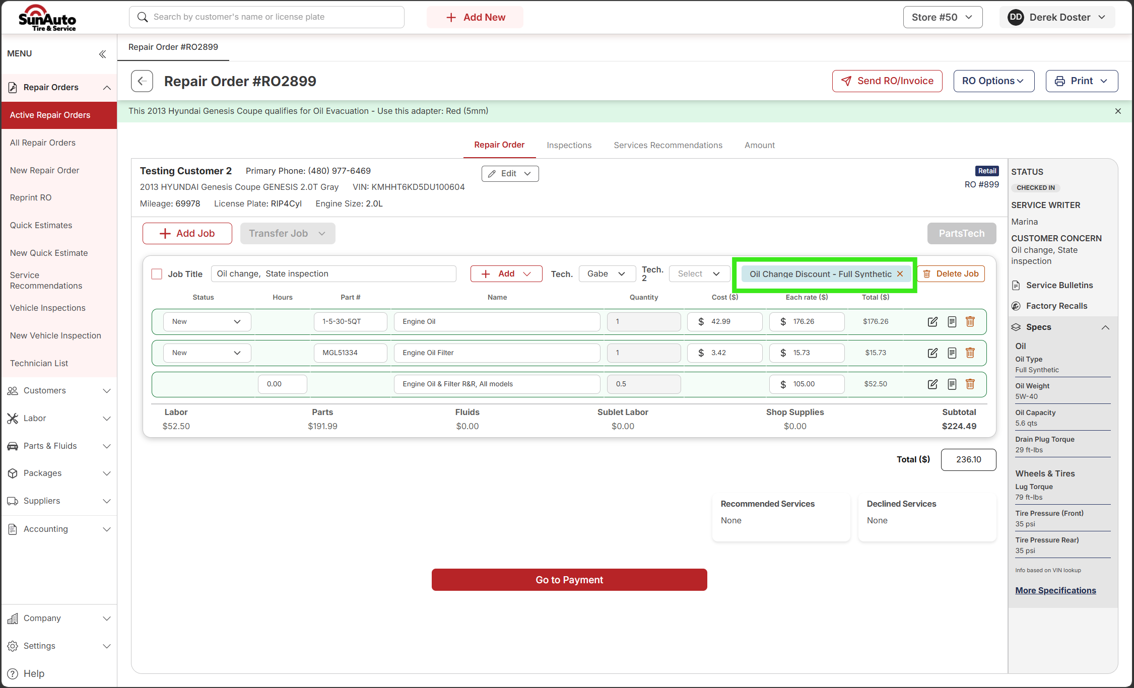 Repair Order with the coupon applied to the Job and totals updated