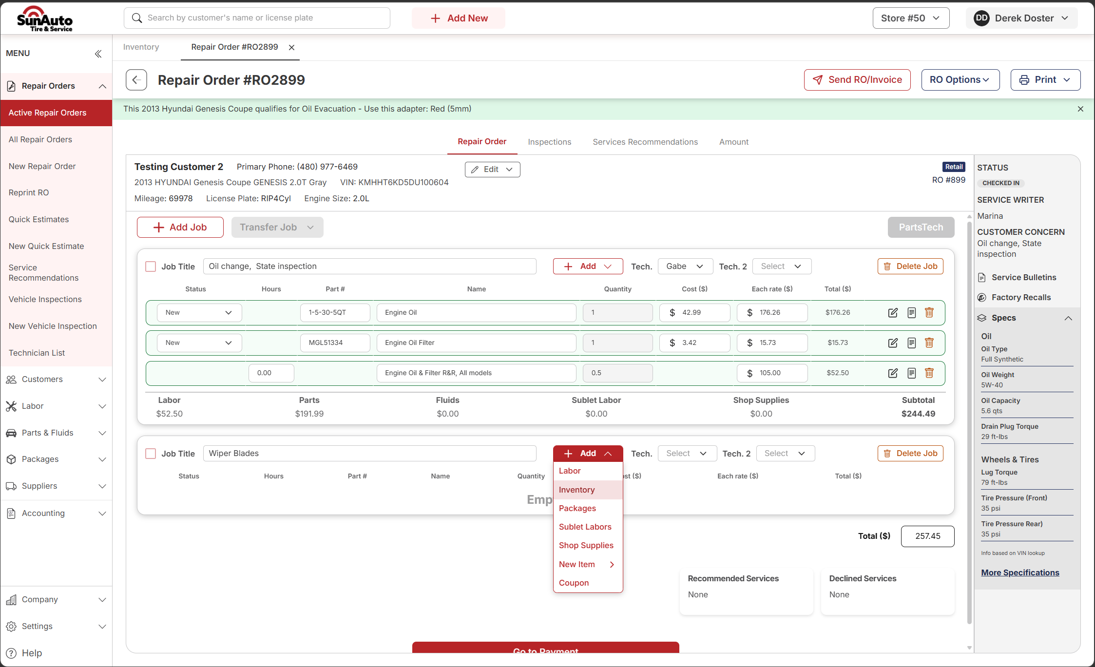 Repair Order with the +Add menu open on the Wiper Blades Job showing the Inventory option