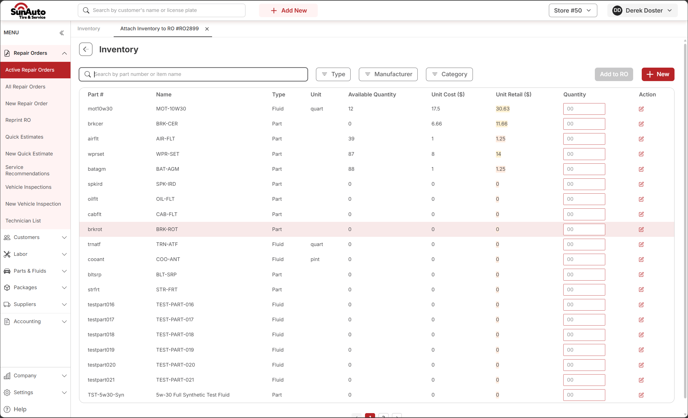 Inventory picker modal with parts list, search bar, and column headers
