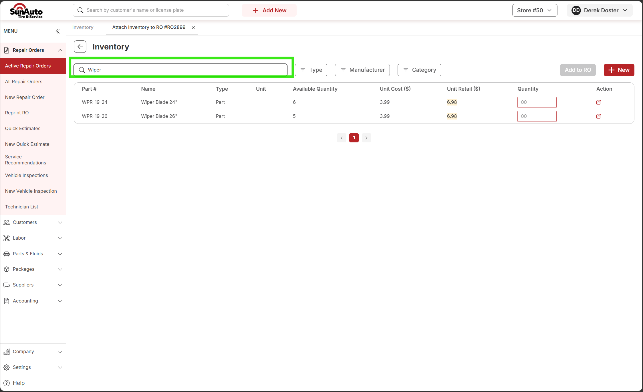 Inventory picker filtered by typing Wiper into the search bar