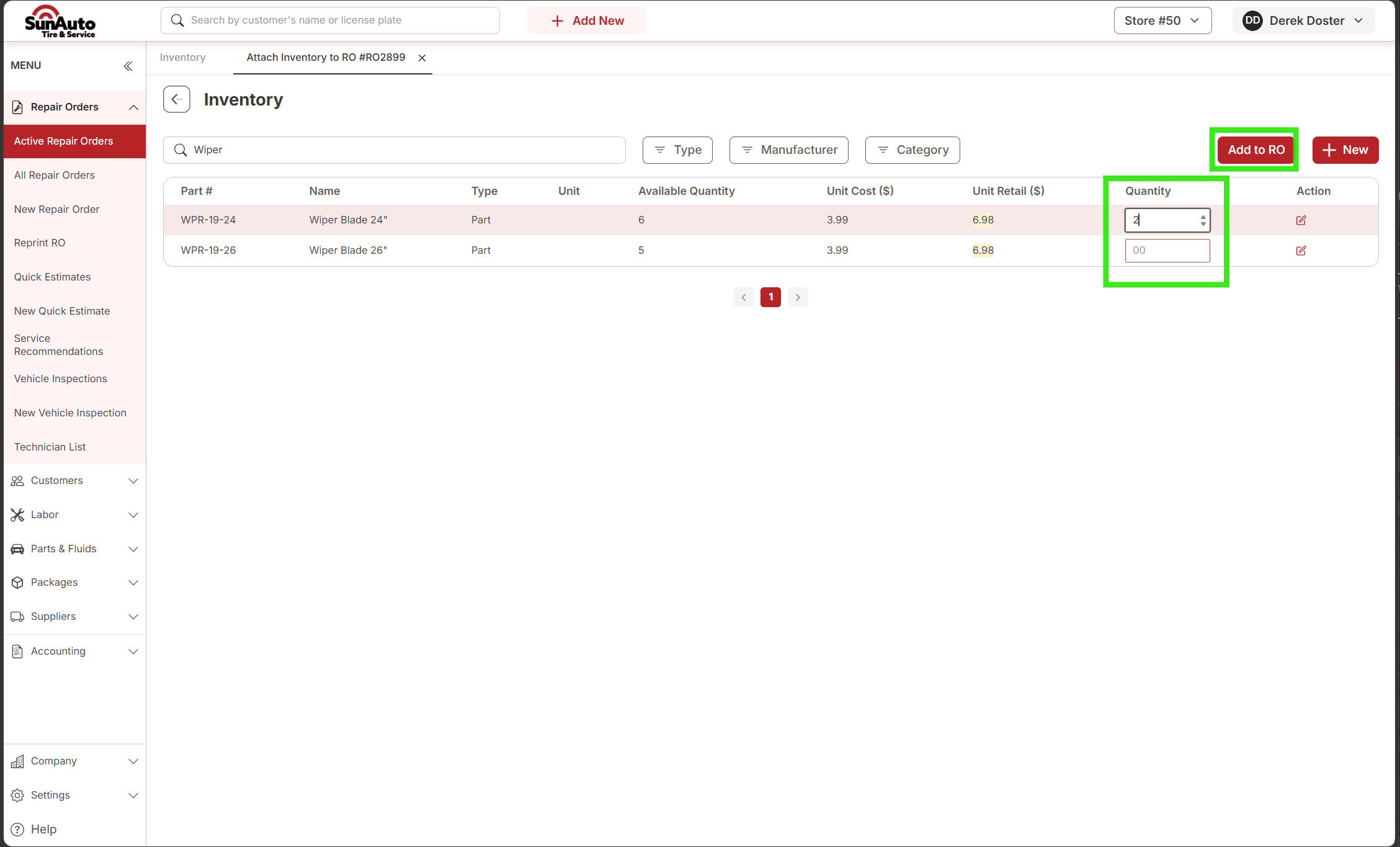 Inventory picker with a quantity entered and the Add to RO button now active