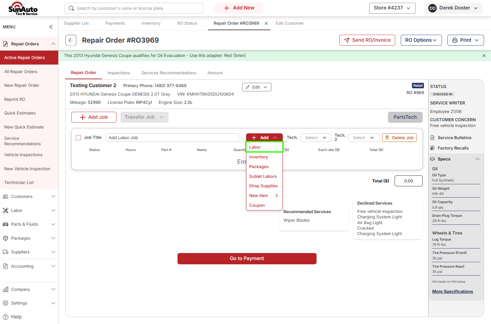 Repair Order with the +Add menu open on a Job, Labor highlighted as the first option