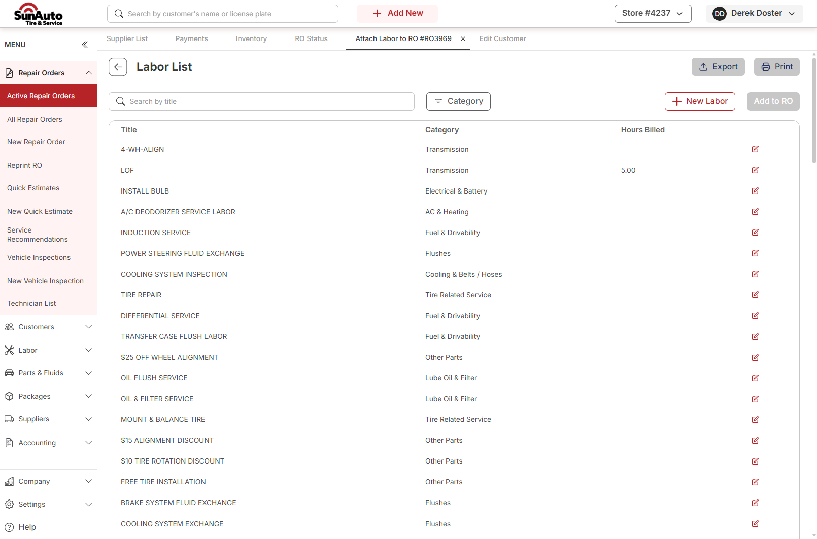 The Labor List picker with search, Category filter, and the labor catalog