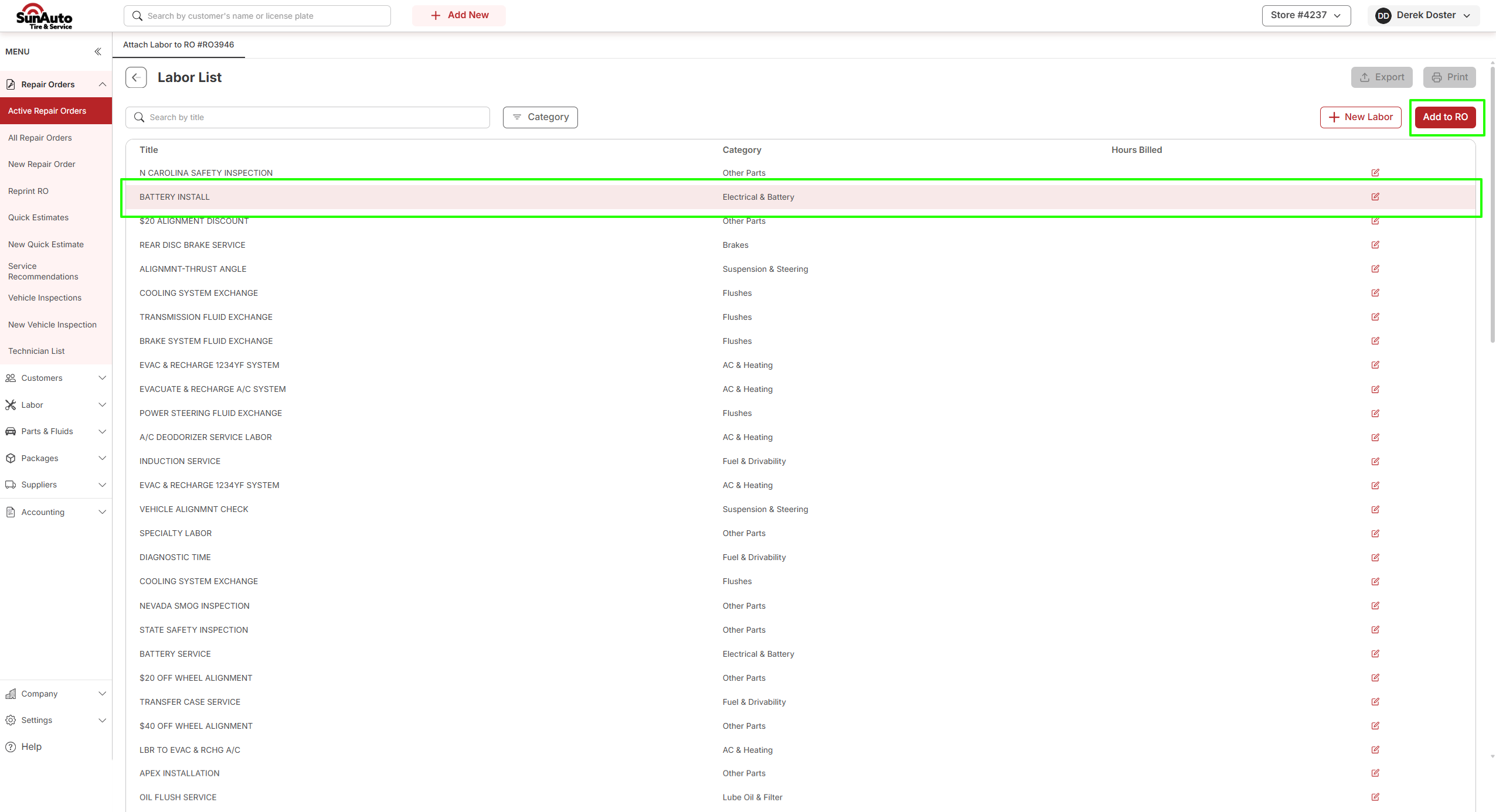 The Labor List picker on the Attach Labor to RO tab, a labor operation row selected, with the Add to RO button